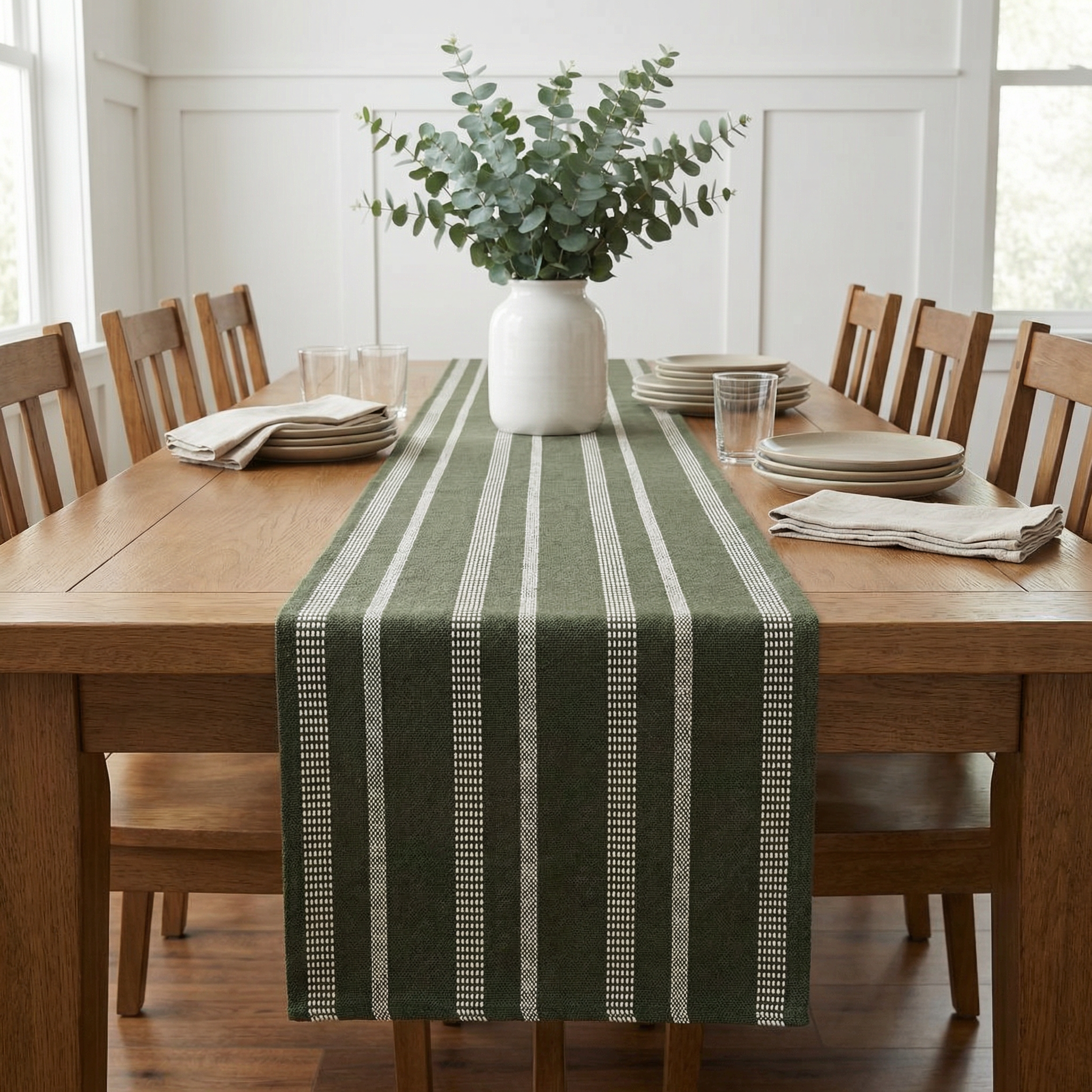 Ivory, Green Table Runner Cotton Farmhouse Inspired