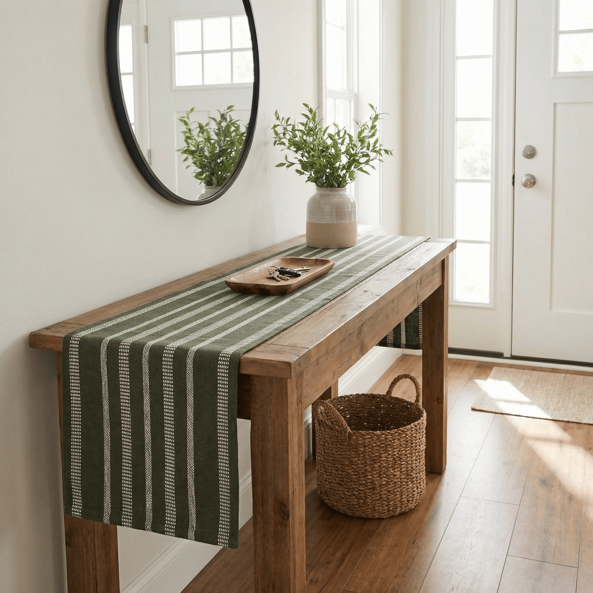 Ivory, Green Table Runner Cotton Farmhouse Inspired