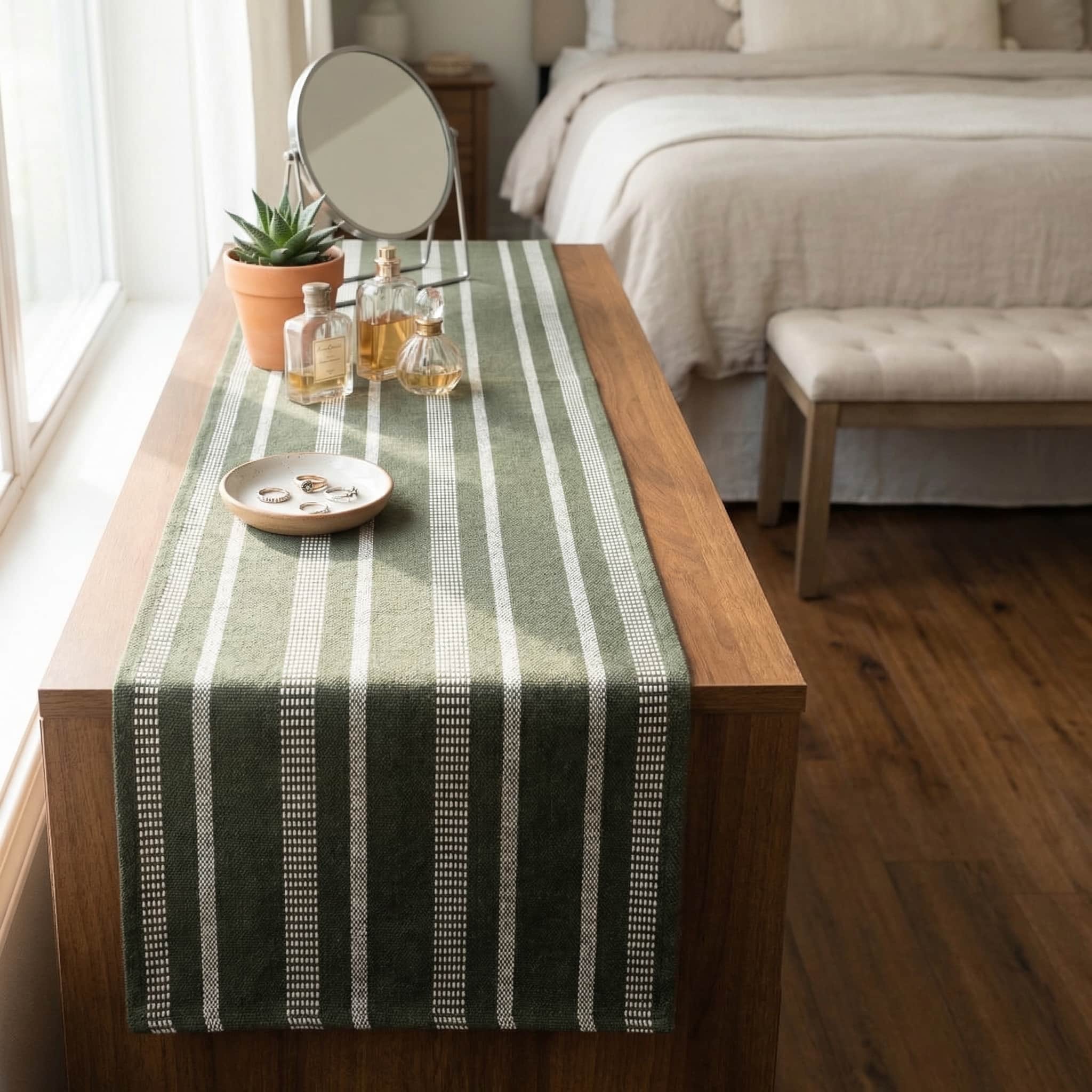 Ivory, Green Table Runner Cotton Farmhouse Inspired