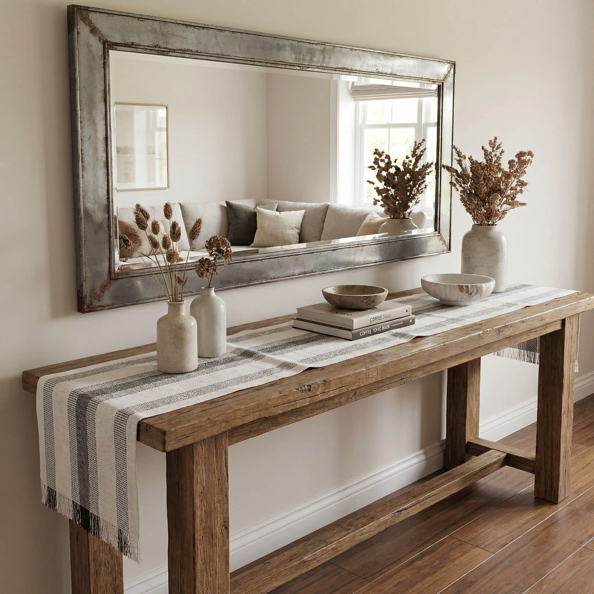 Ivory & Brown Cotton Table Runner – Farmhouse Inspired Washable Dining Runner | 14" x 72"