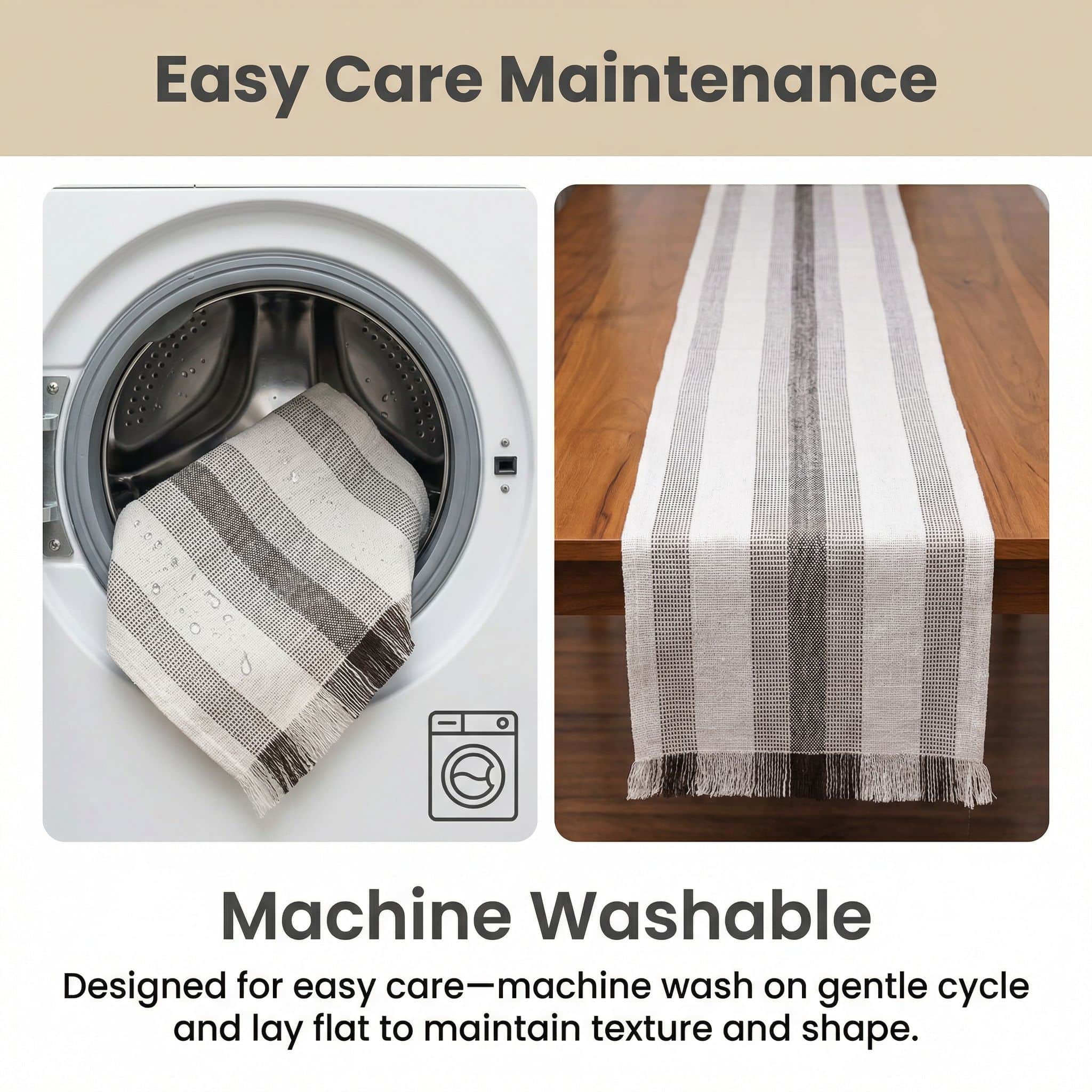 Ivory & Brown Cotton Table Runner – Farmhouse Inspired Washable Dining Runner | 14" x 72"