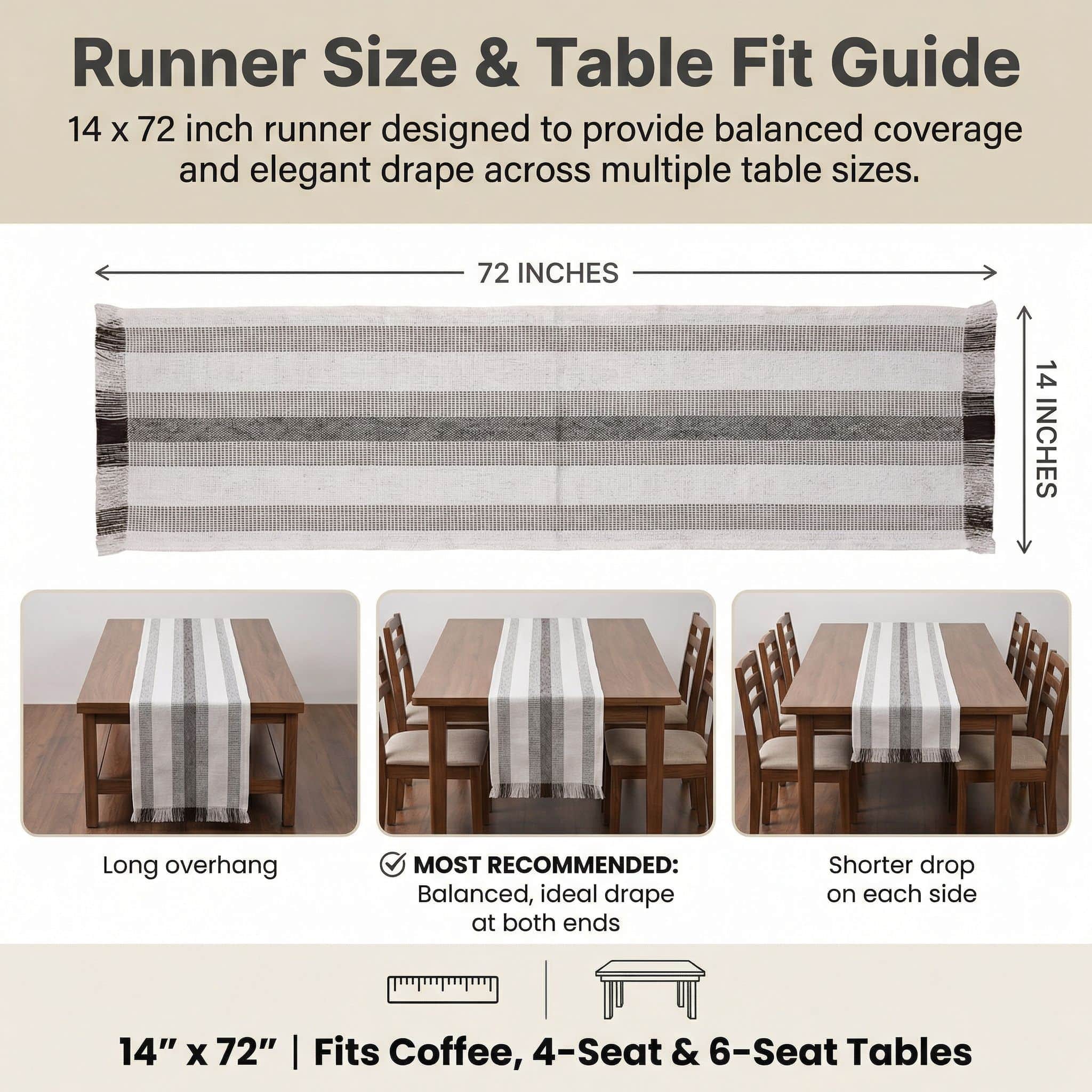 Ivory & Brown Cotton Table Runner – Farmhouse Inspired Washable Dining Runner | 14" x 72"