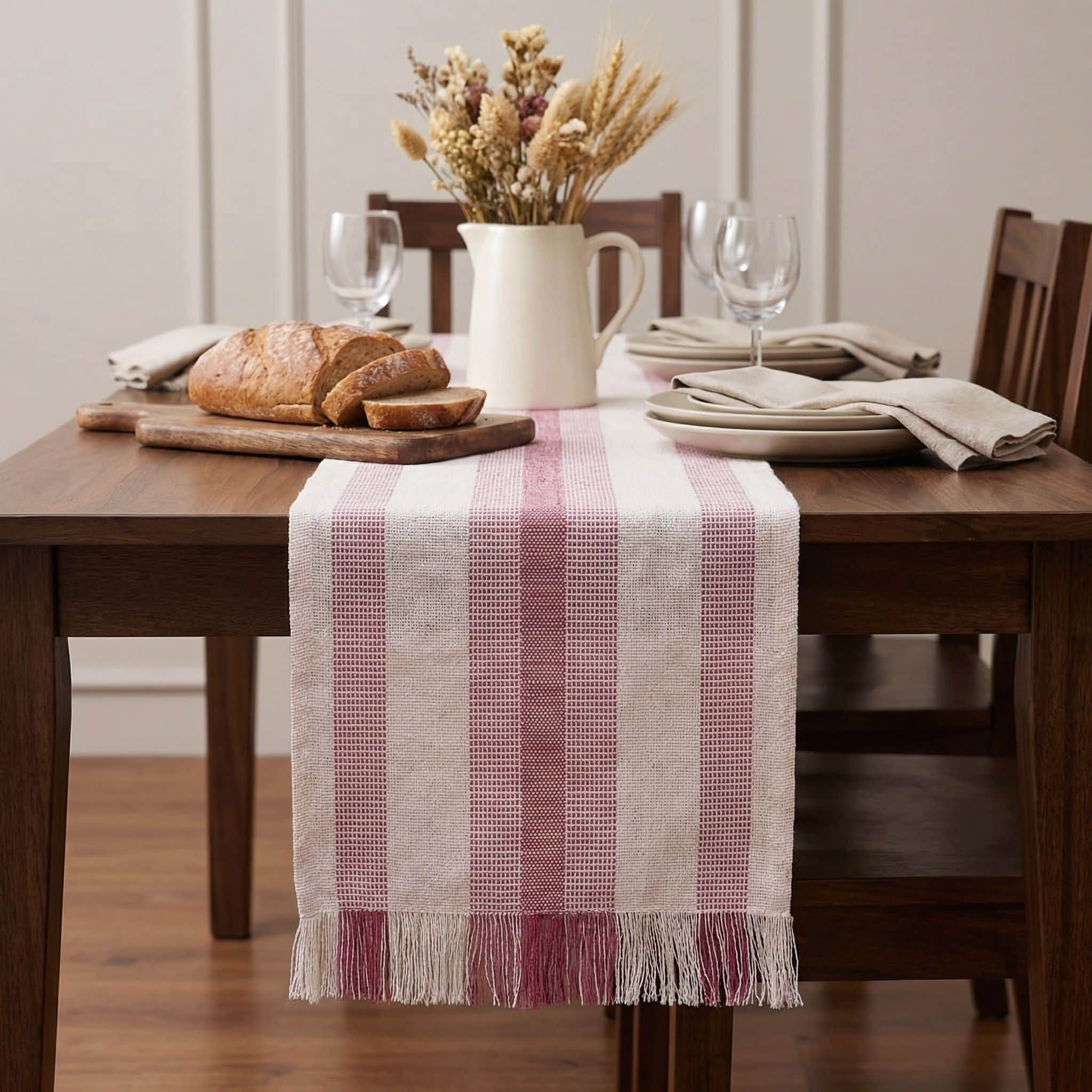 Ivory, Red Table Runner Cotton Farmhouse Inspired