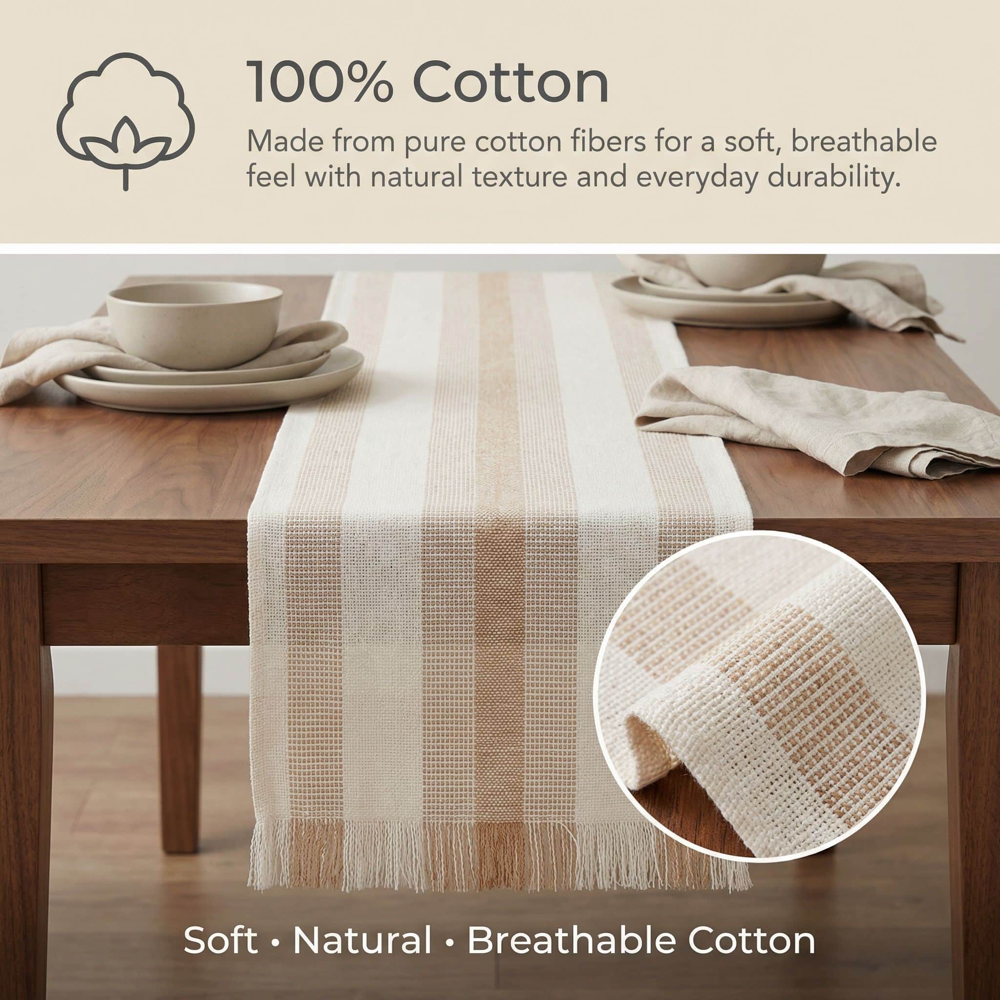 Ivory & Beige Cotton Table Runner – Farmhouse Inspired Washable Dining Runner | 14" x 72"