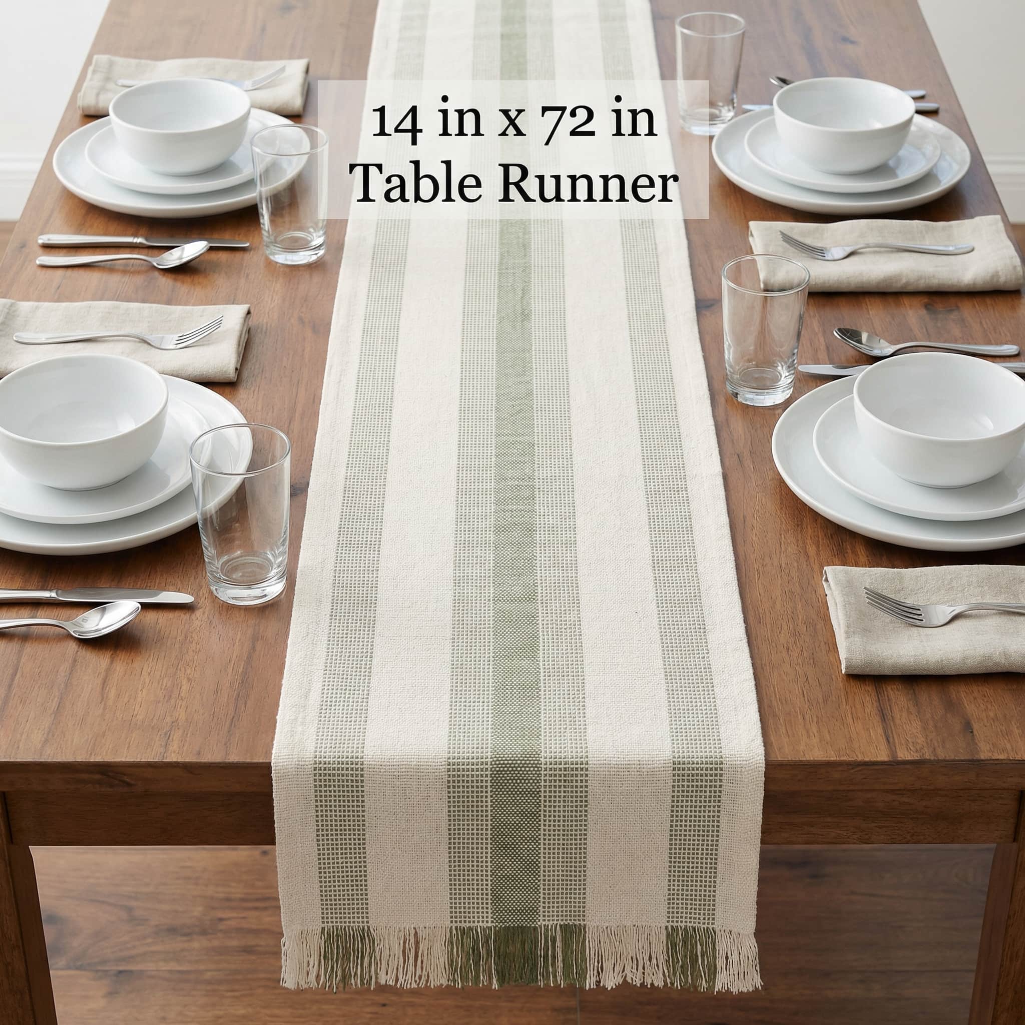 Ivory & Green Cotton Table Runner – Farmhouse Inspired Washable Dining Runner | 14" x 72"
