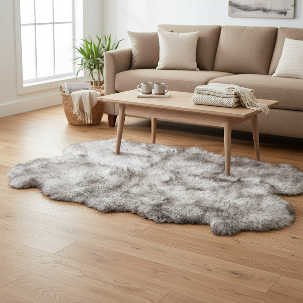Living room with a gray rug, beige sofa, and wooden coffee table. #size_4' x 6'
