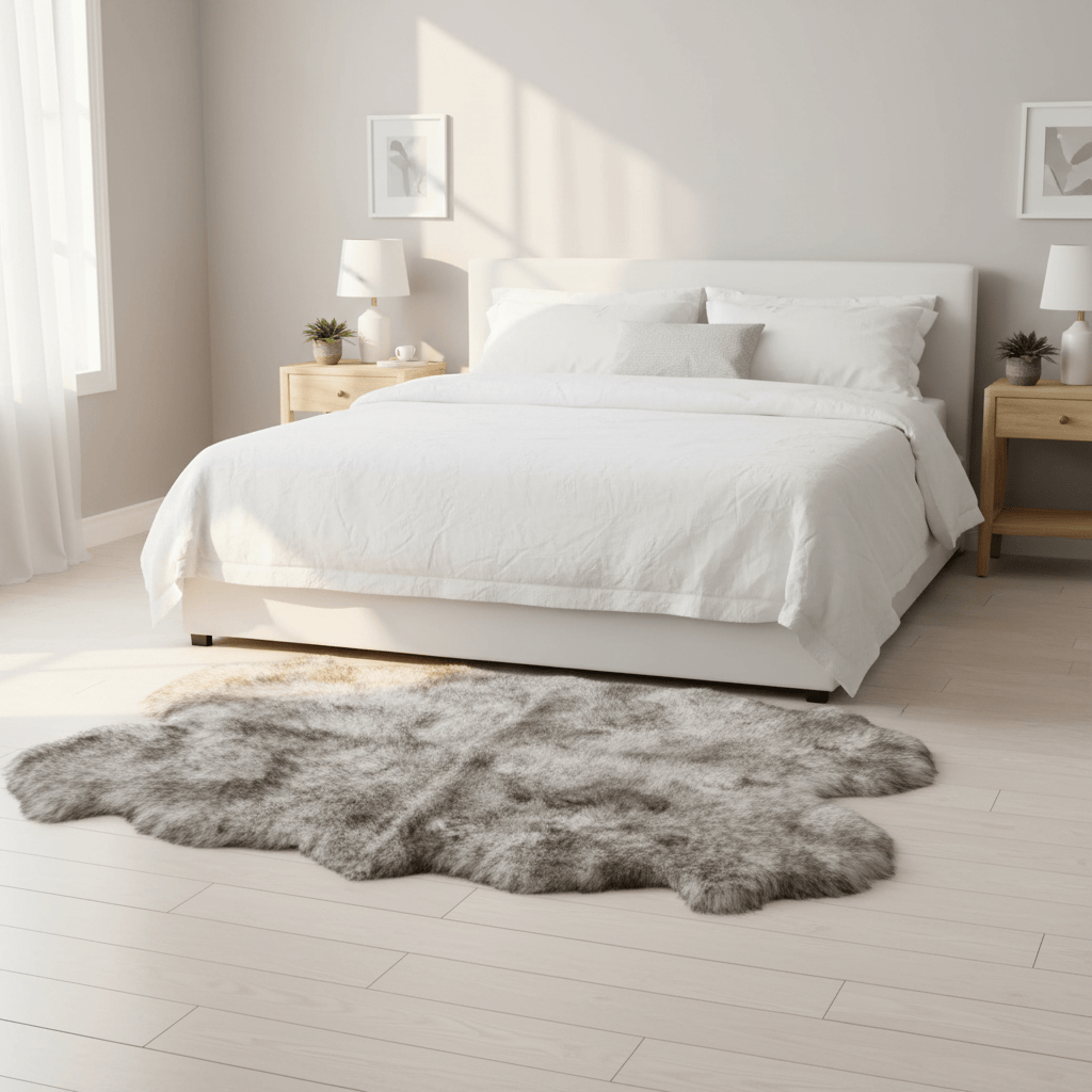 Bedroom with a white bed and gray rug on a light wooden floor. #size_4' x 6'