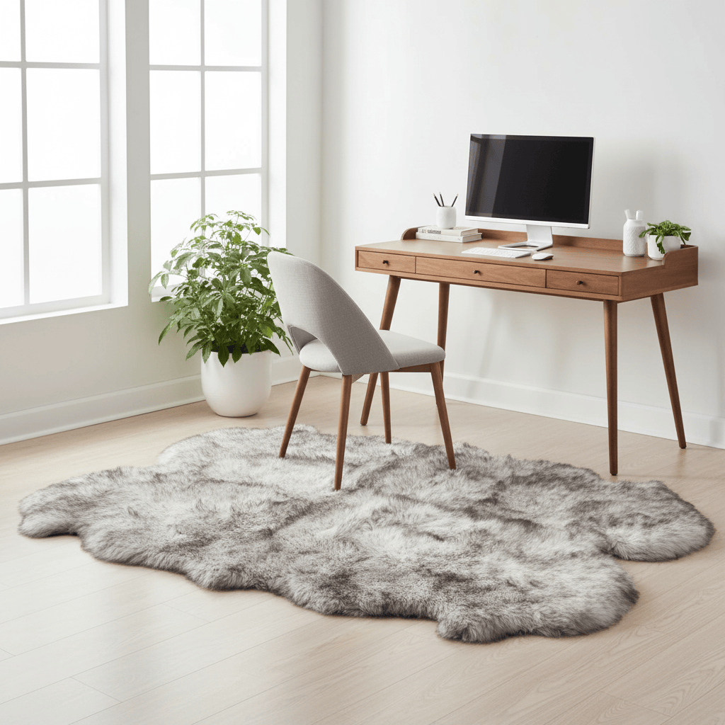 Modern home office with a wooden desk, chair, and gray rug. #size_4' x 6'