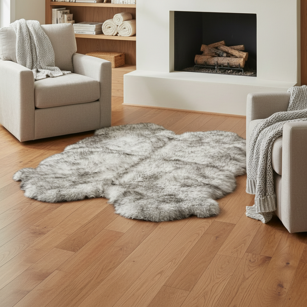 Living room with a gray faux fur rug on wooden floor, beige armchair, and fireplace. #size_4' x 6'
