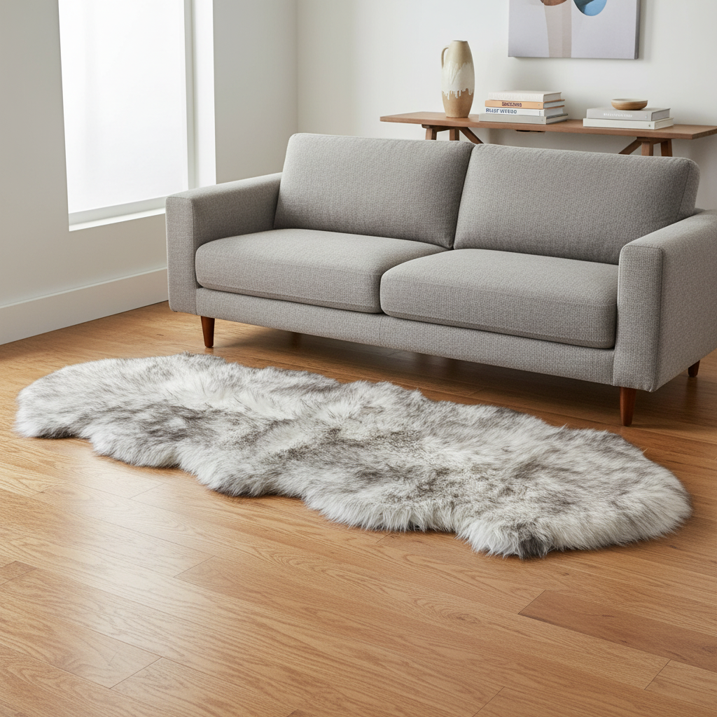 Gray sofa in a living room with a fluffy rug on the floor. #size_2' x 6'