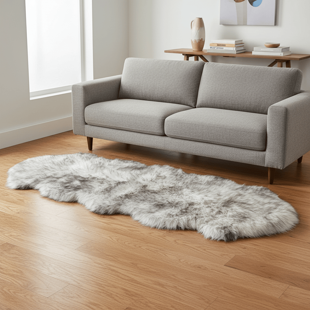 Gray sofa in a living room with a fluffy rug on the floor. #size_2' x 6'