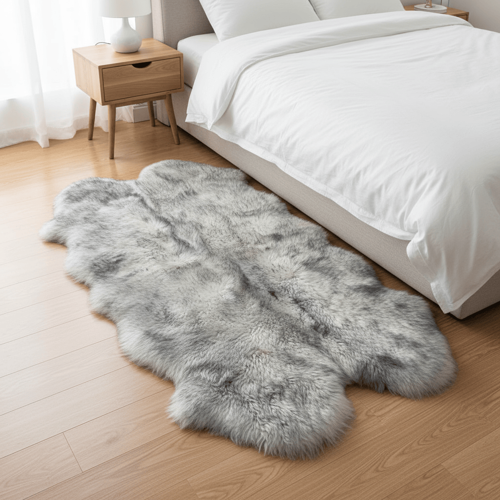 Gray fur rug on a wooden floor in a bedroom setting. #size_4' x 6'