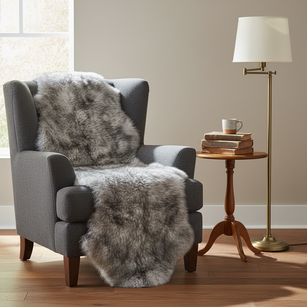 Gray armchair with a fur throw blanket in a room with a side table and lamp. #size_2' x 6'