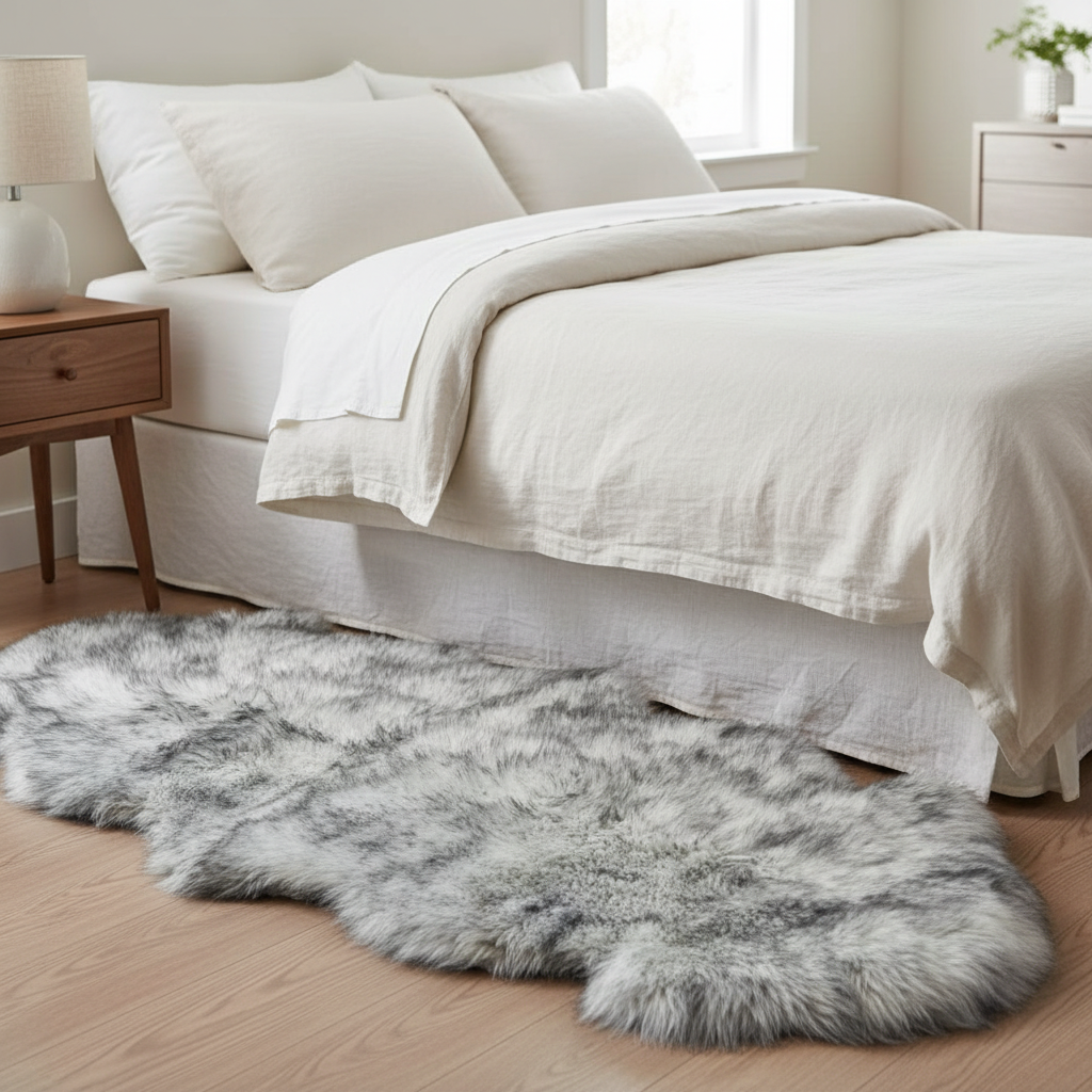 Gray fluffy rug on a wooden floor in front of a bed with white bedding. #size_2' x 6'