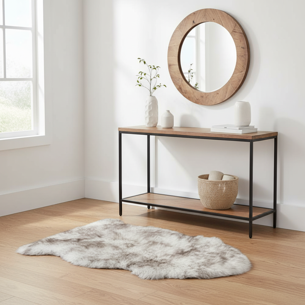 Console table with decorative items in a room with a round mirror and rug. #size_2' x 3'