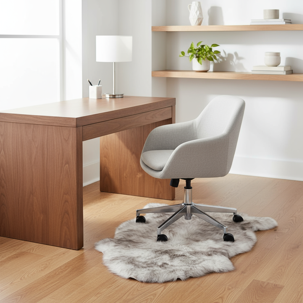 Modern office setup with wooden desk, gray chair, and shelves in the background. #size_2' x 3'