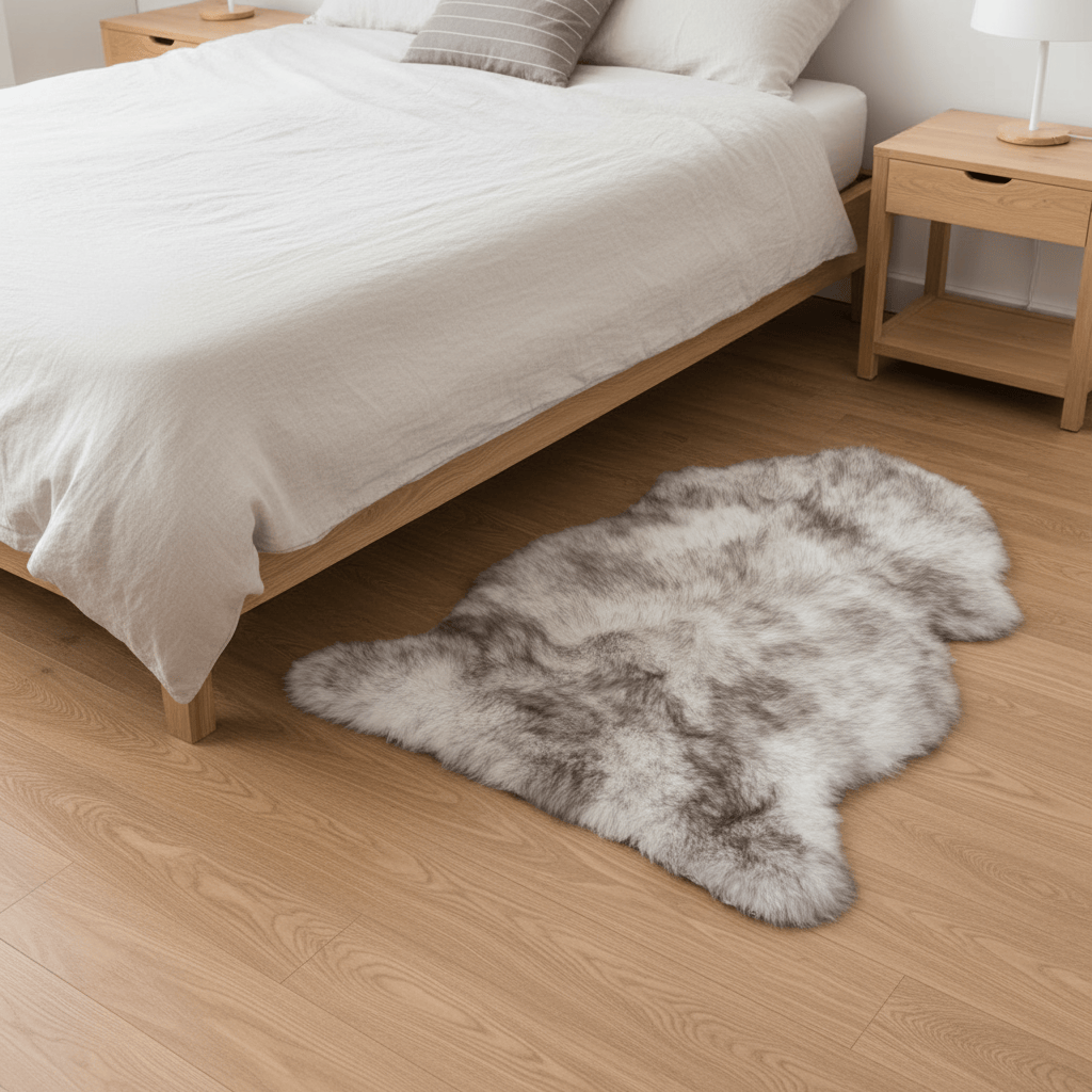 Gray fur rug on a wooden floor in a bedroom setting. #size_2' x 3'