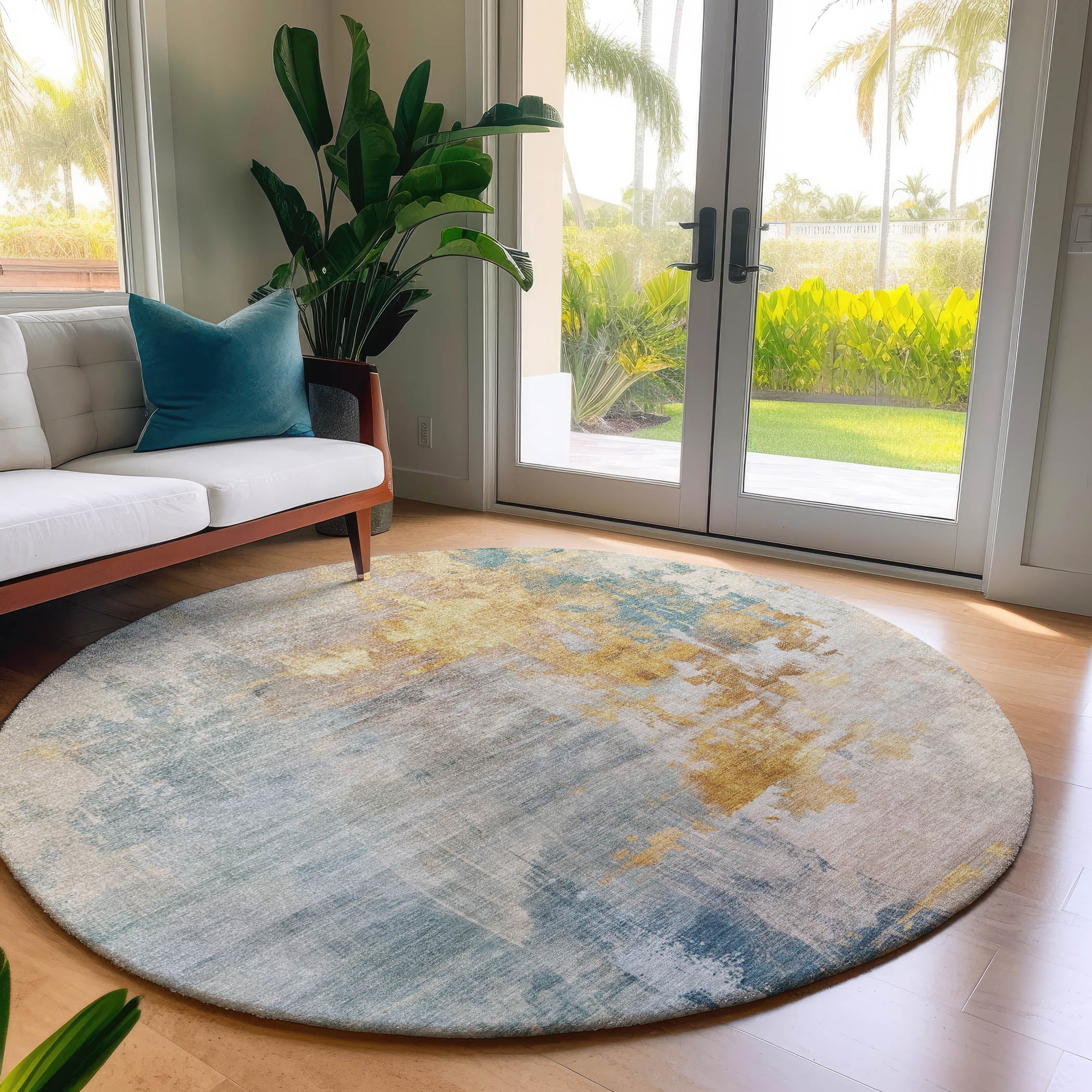 Luxury Washable Indoor/Outdoor Transitional BC4 Linen Ivory Rug 8' x 8' #shape_Round