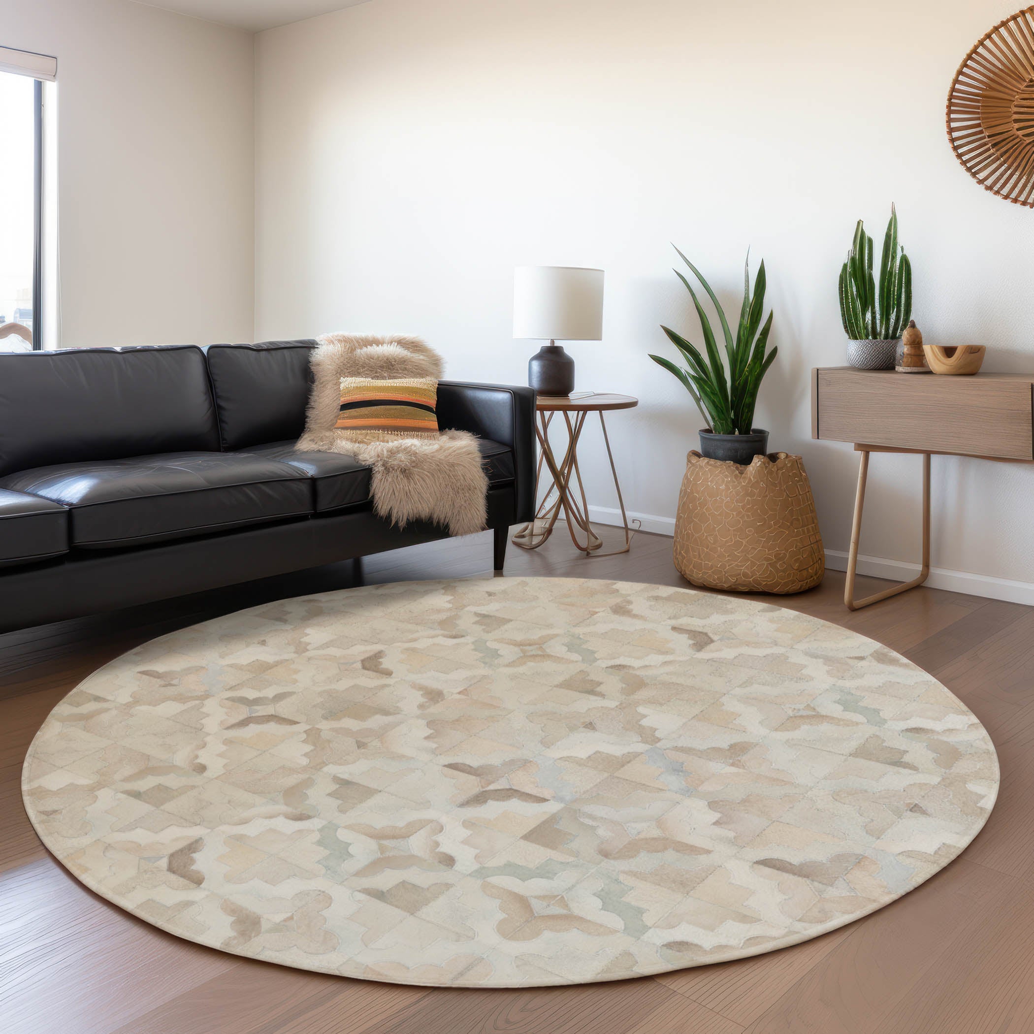 Luxury Washable Indoor/Outdoor Lodge BM8 Linen Ivory Rug 8' x 8' #shape_Round