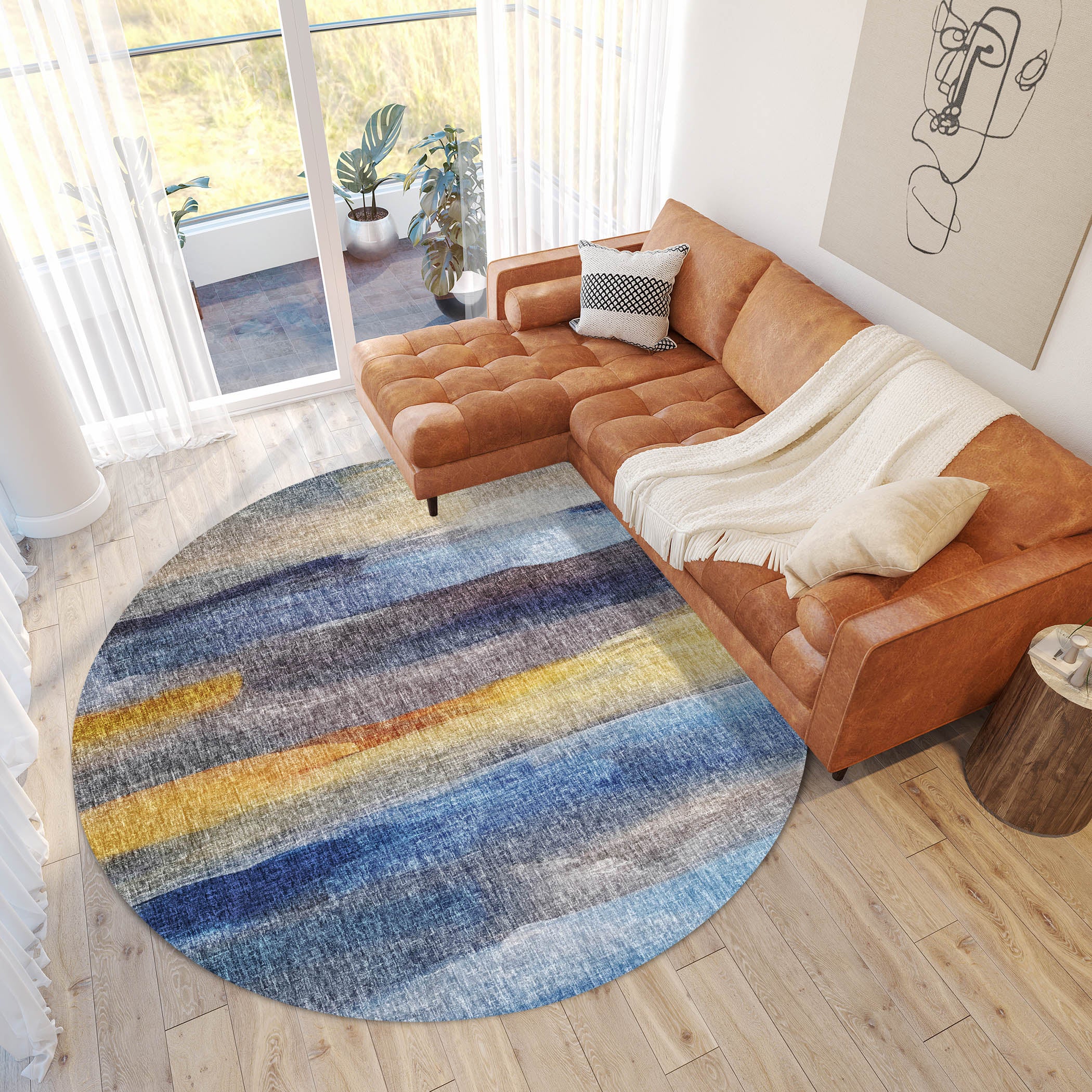 Luxury Washable Casual BO4 Blue Rug 8' x 8' #shape_Round