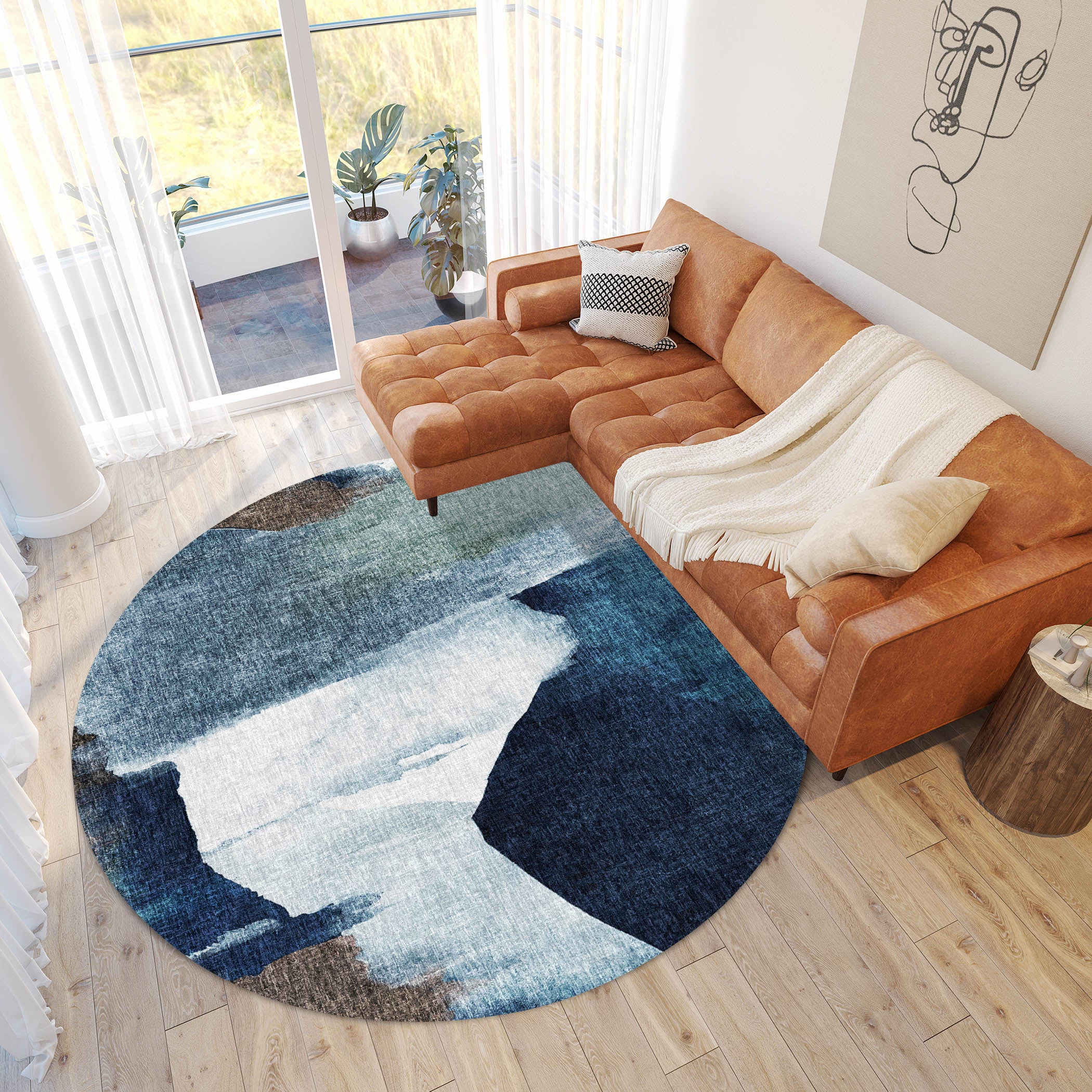Luxury Washable Casual BO7 Denim Blue Rug 8' x 8' #shape_Round