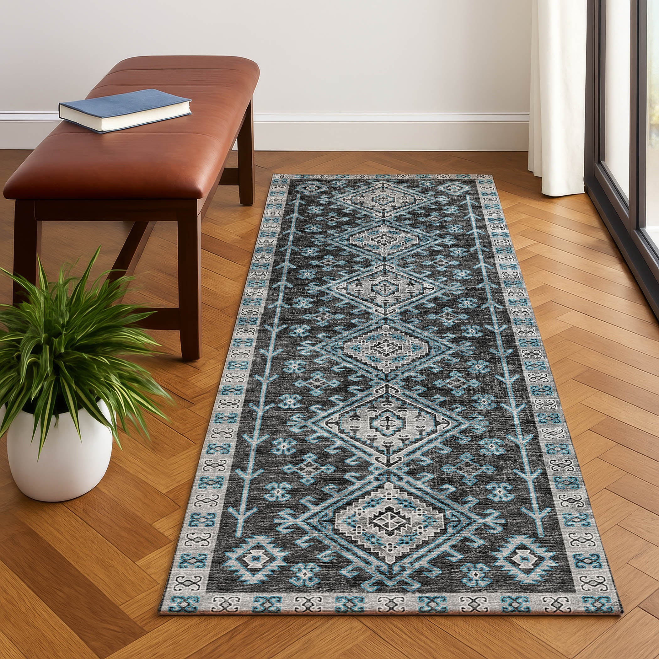 Luxury Machine Washable Indoor/Outdoor Casual BR2 Midnight Black Rug 2'3" x 7'6" #shape_Runner