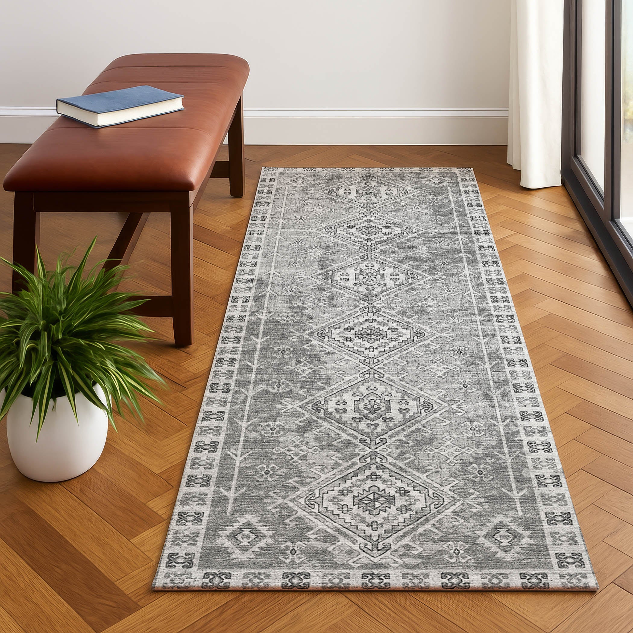 Luxury Machine Washable Indoor/Outdoor Casual BR2 Silver Gray Rug 2'3" x 7'6" #shape_Runner