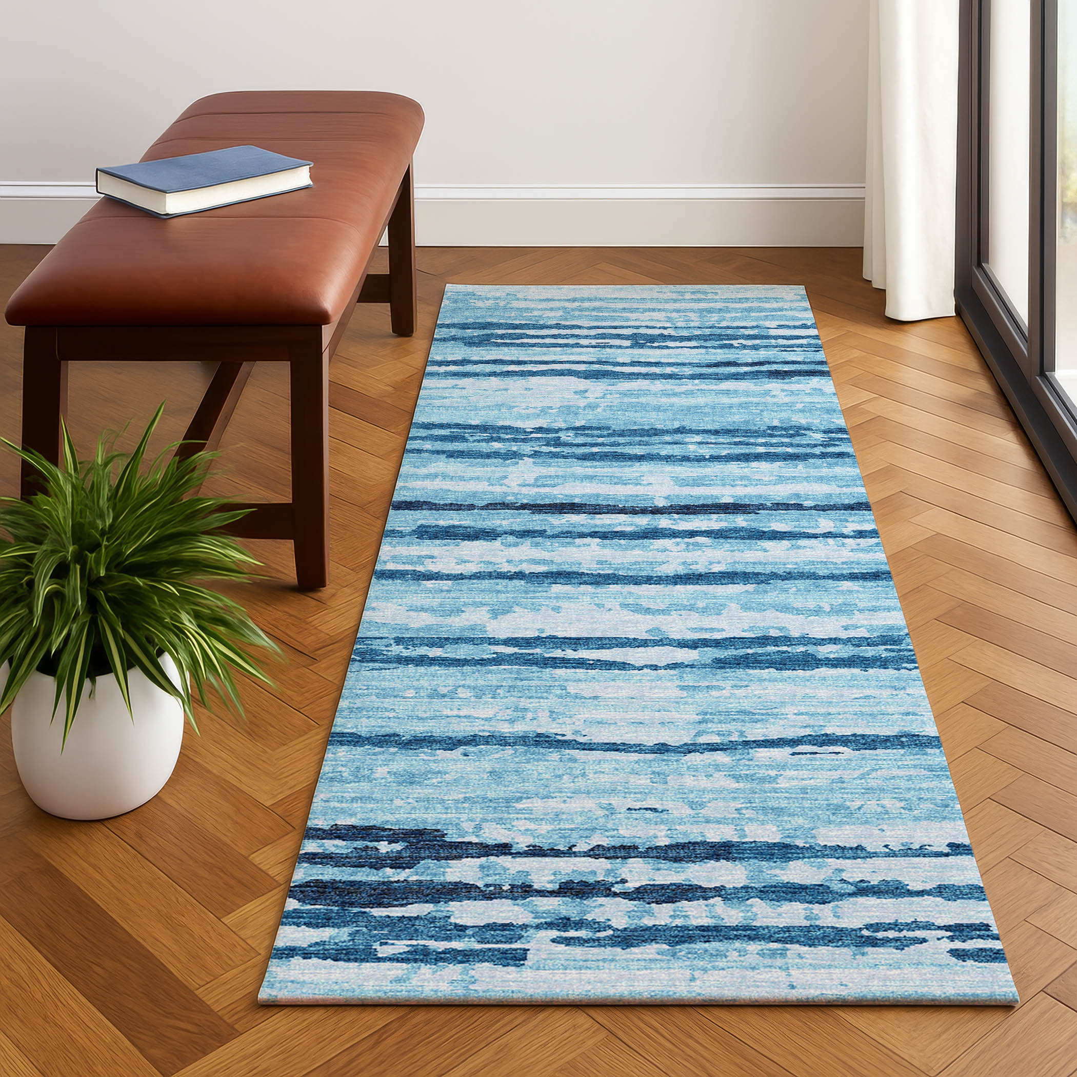 Luxury Machine Washable Indoor/Outdoor Casual BR4 Sky Blue Rug 2'3" x 7'6" #shape_Runner
