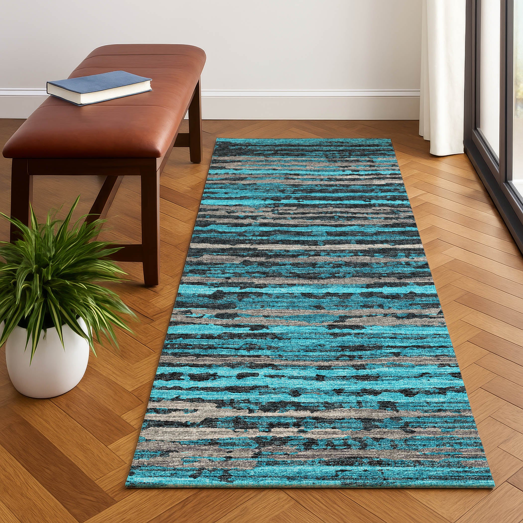 Luxury Machine Washable Indoor/Outdoor Casual BR4 Teal Rug 2'3" x 7'6" #shape_Runner