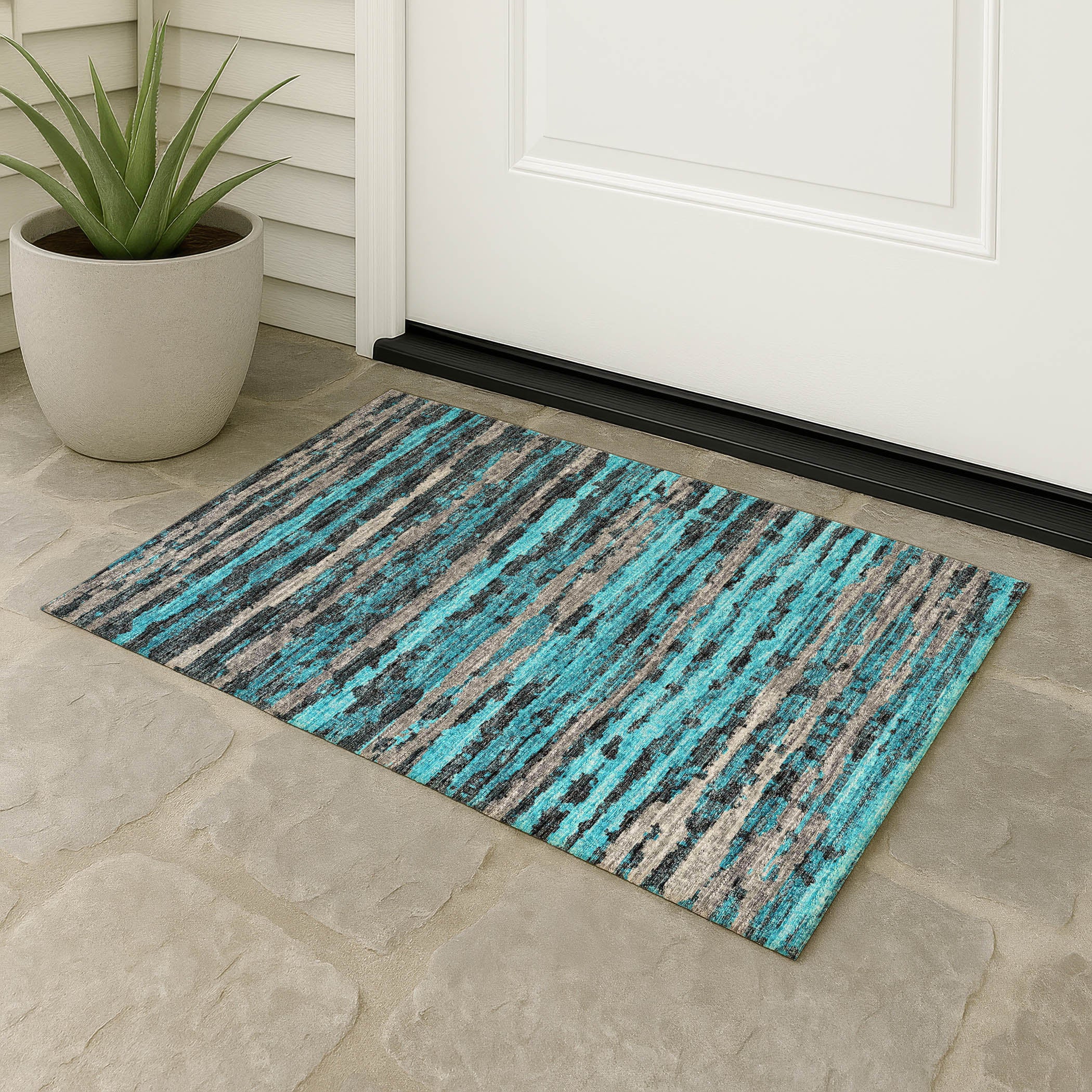 Luxury Machine Washable Indoor/Outdoor Casual BR4 Teal Rug 1'8" x 2'6" #shape_Rectangle