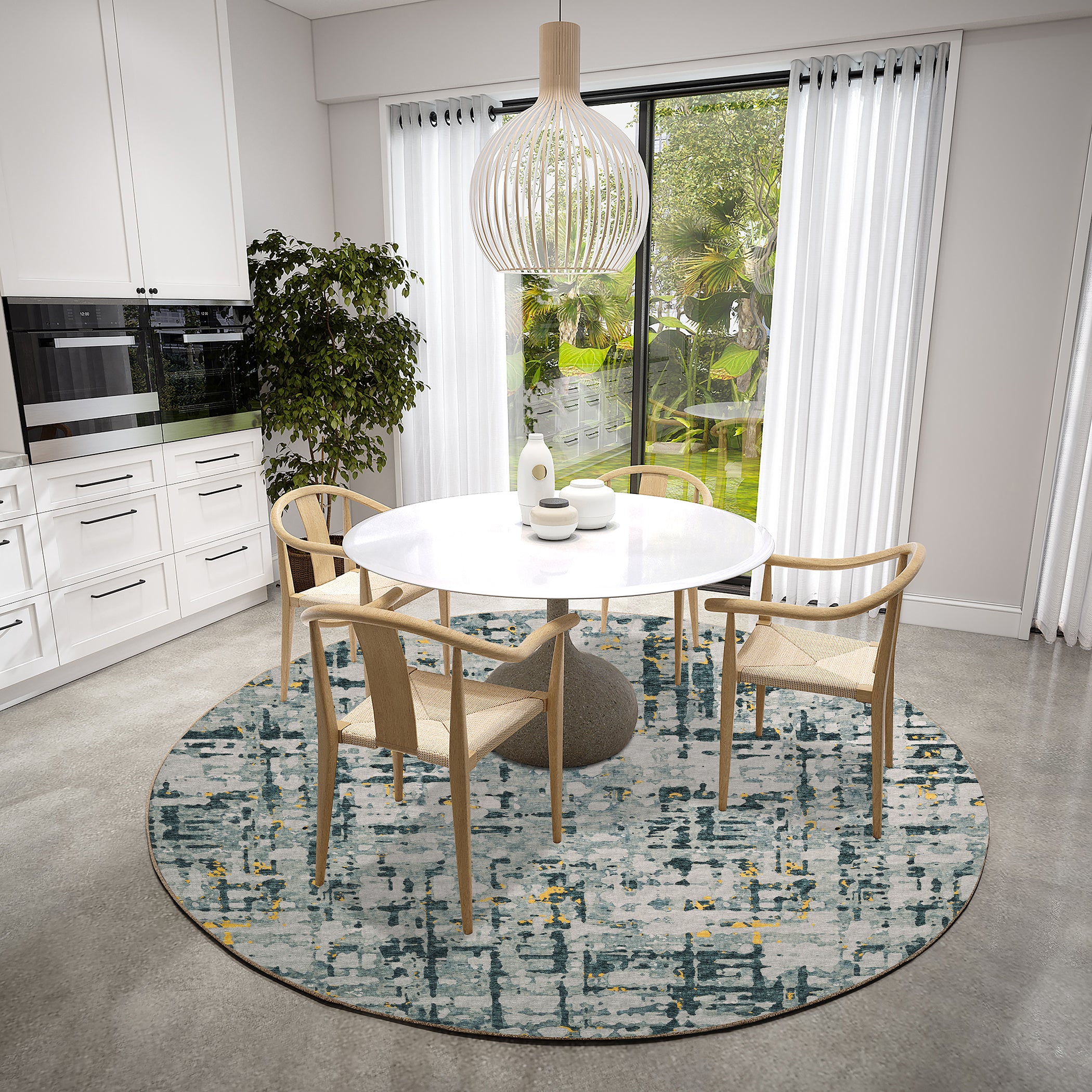 Luxury Machine Washable Indoor/Outdoor Casual BR5 Gold Gray Rug 8' x 8' #shape_Round