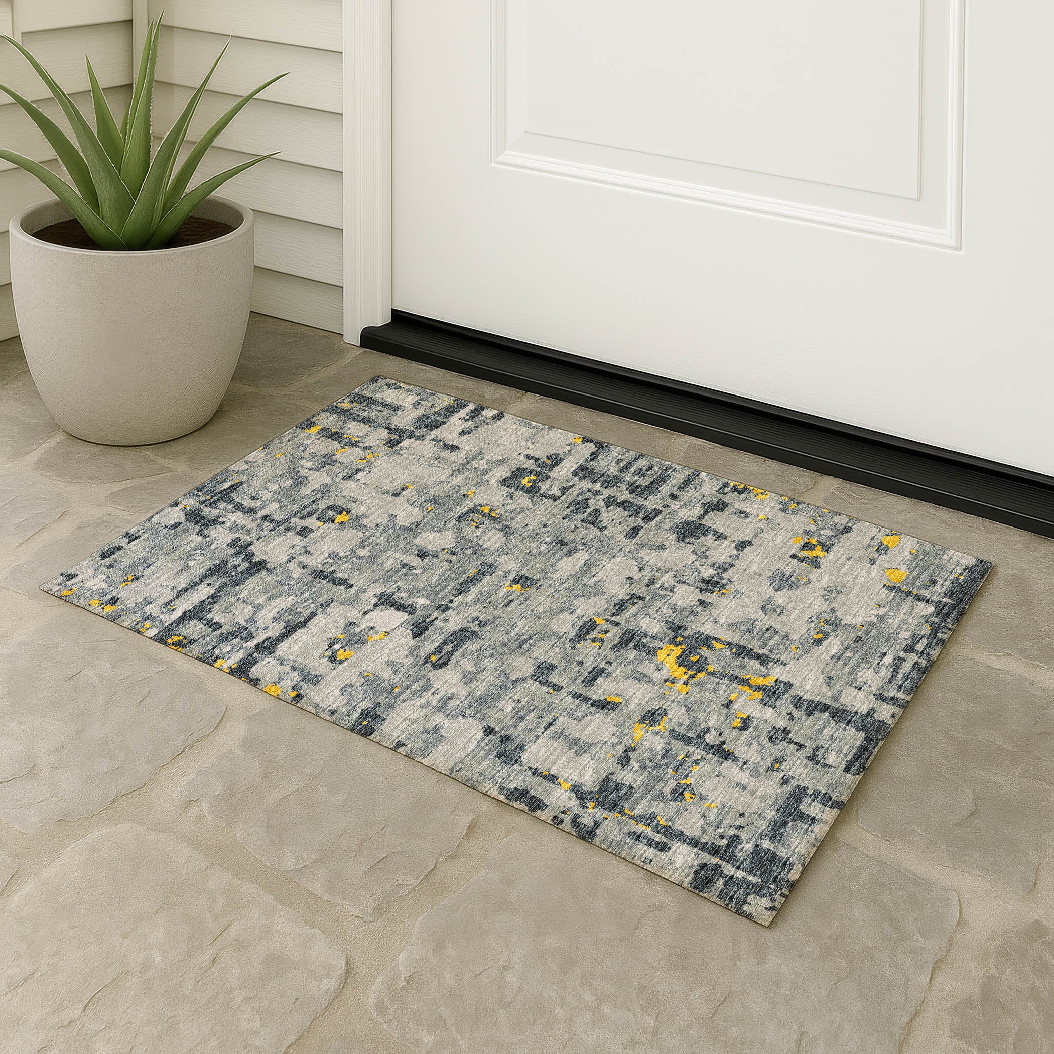 Luxury Machine Washable Indoor/Outdoor Casual BR5 Gold Gray Rug 1'8" x 2'6" #shape_Rectangle