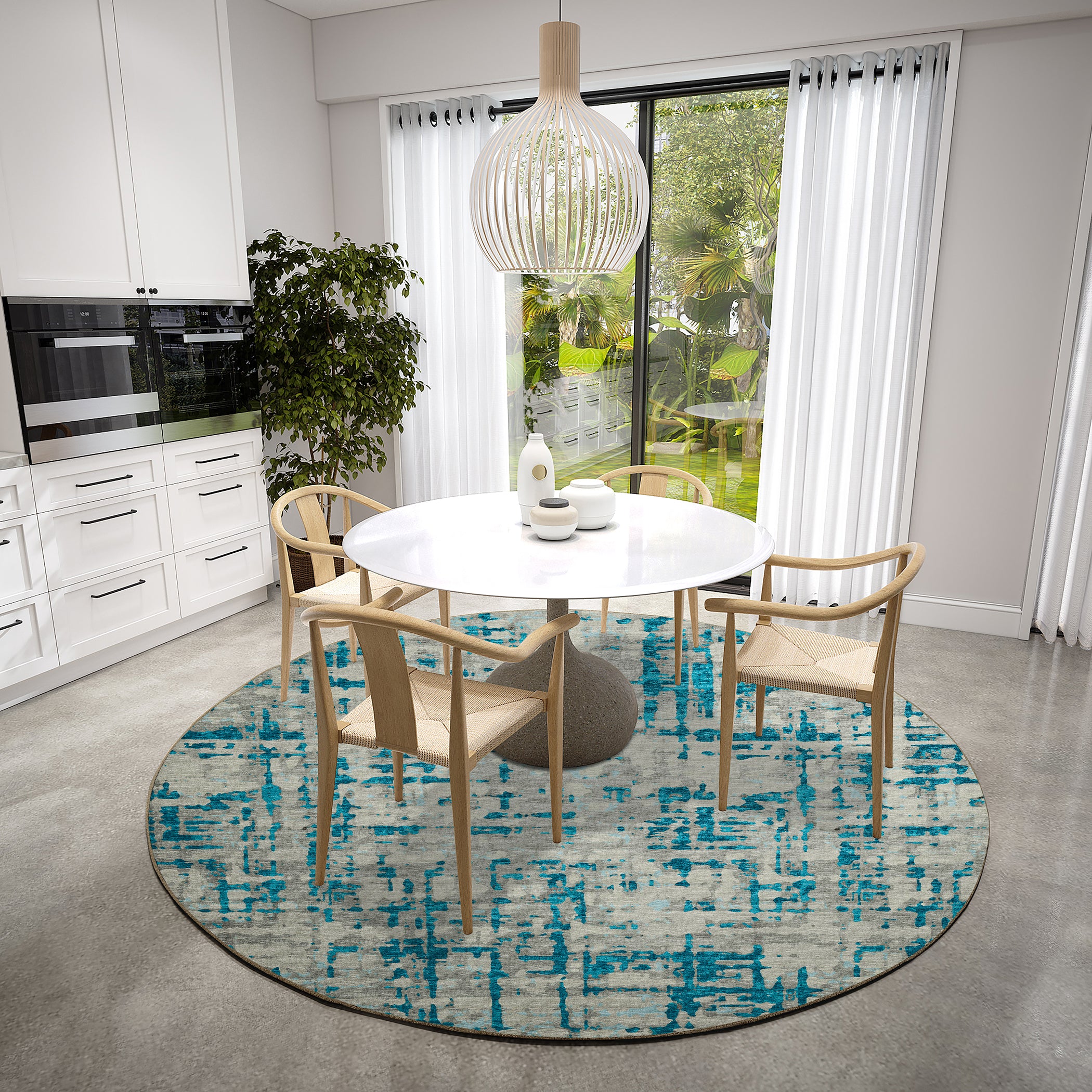 Luxury Machine Washable Indoor/Outdoor Casual BR5 Teal Rug 8' x 8' #shape_Round