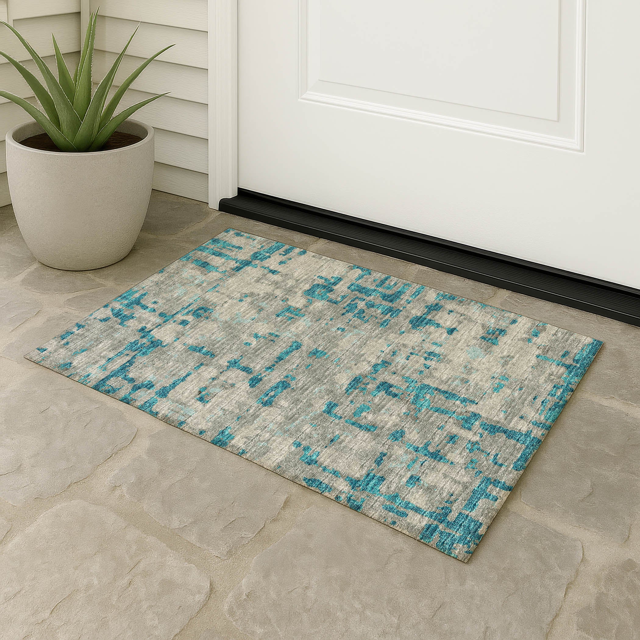 Luxury Machine Washable Indoor/Outdoor Casual BR5 Teal Rug 1'8" x 2'6" #shape_Rectangle