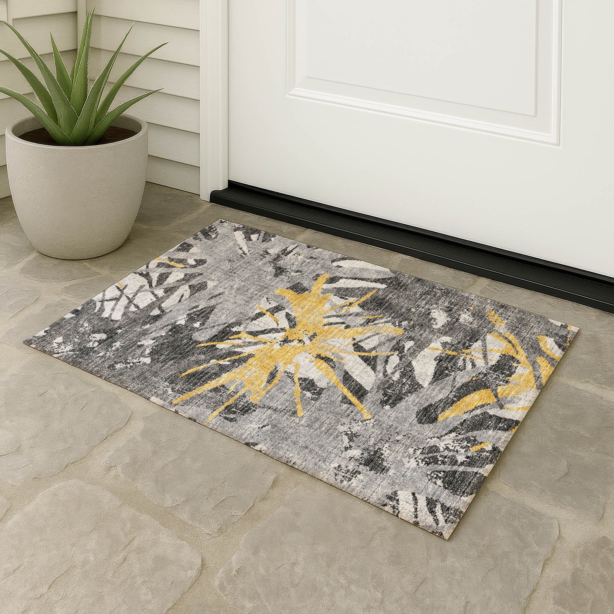 Luxury Machine Washable Indoor/Outdoor Casual BR6 Gold Gray Rug 1'8" x 2'6" #shape_Rectangle