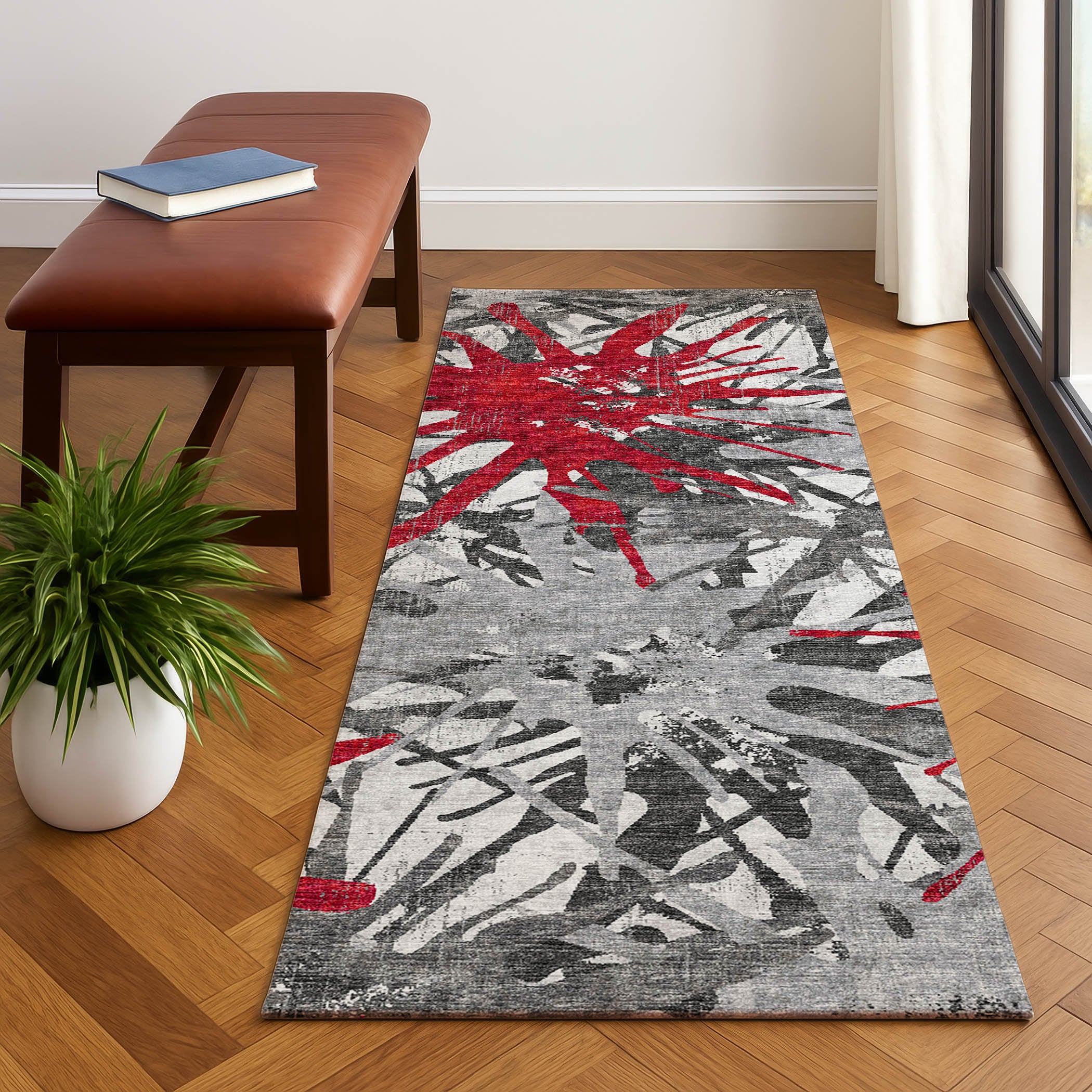 Luxury Machine Washable Indoor/Outdoor Casual BR6 Scarlet Gray Rug 2'3" x 7'6" #shape_Runner