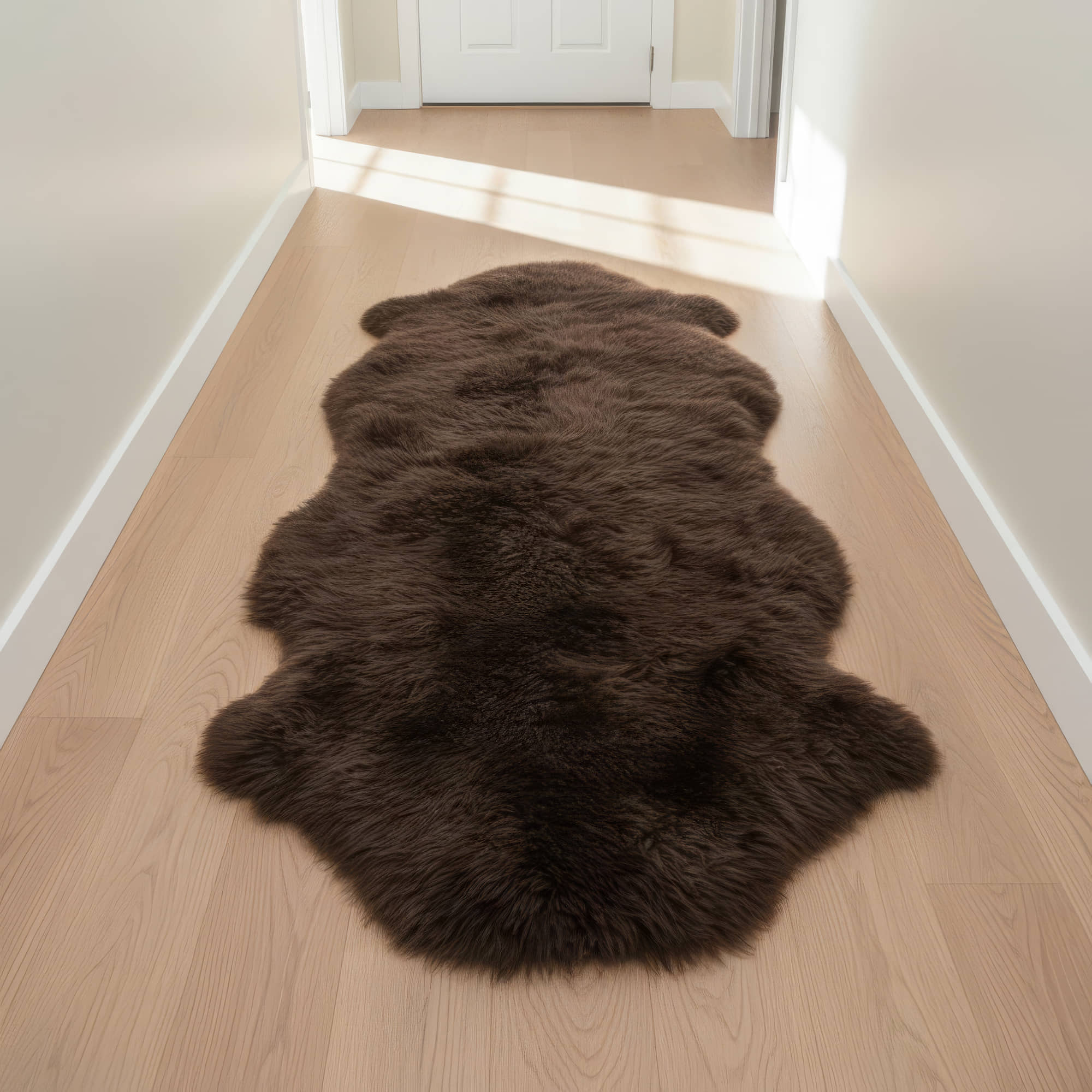 Brown fur rug on a wooden floor in a room with white walls and a door. #size_2' x 6'