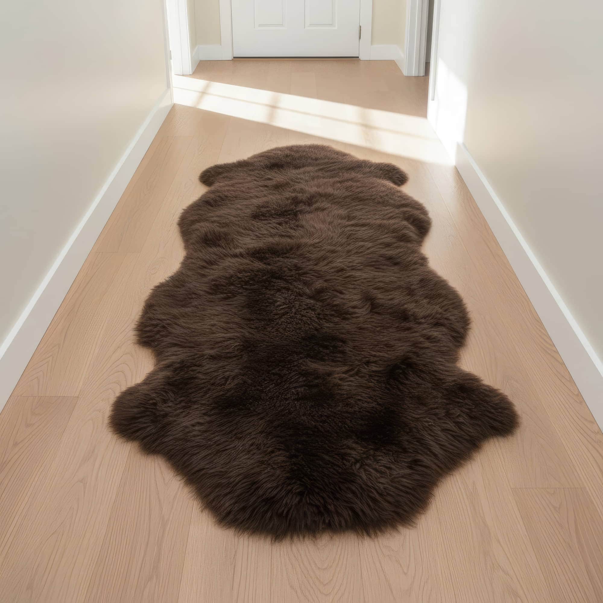 Brown fur rug on a wooden floor in a room with white walls and a door. #size_2' x 6'