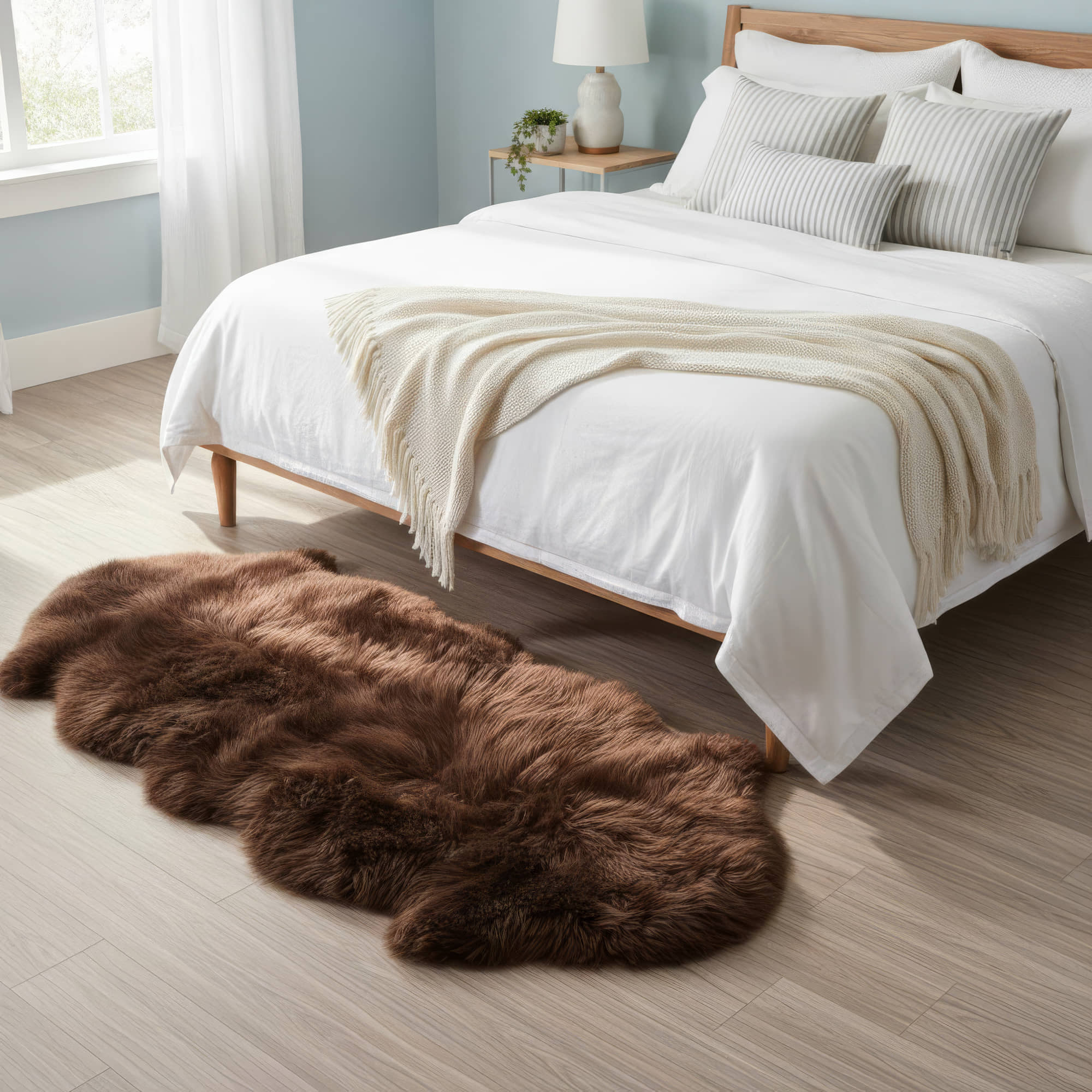 Brown fur rug on a wooden floor in front of a neatly made bed with white #size_2' x 6'bedding.