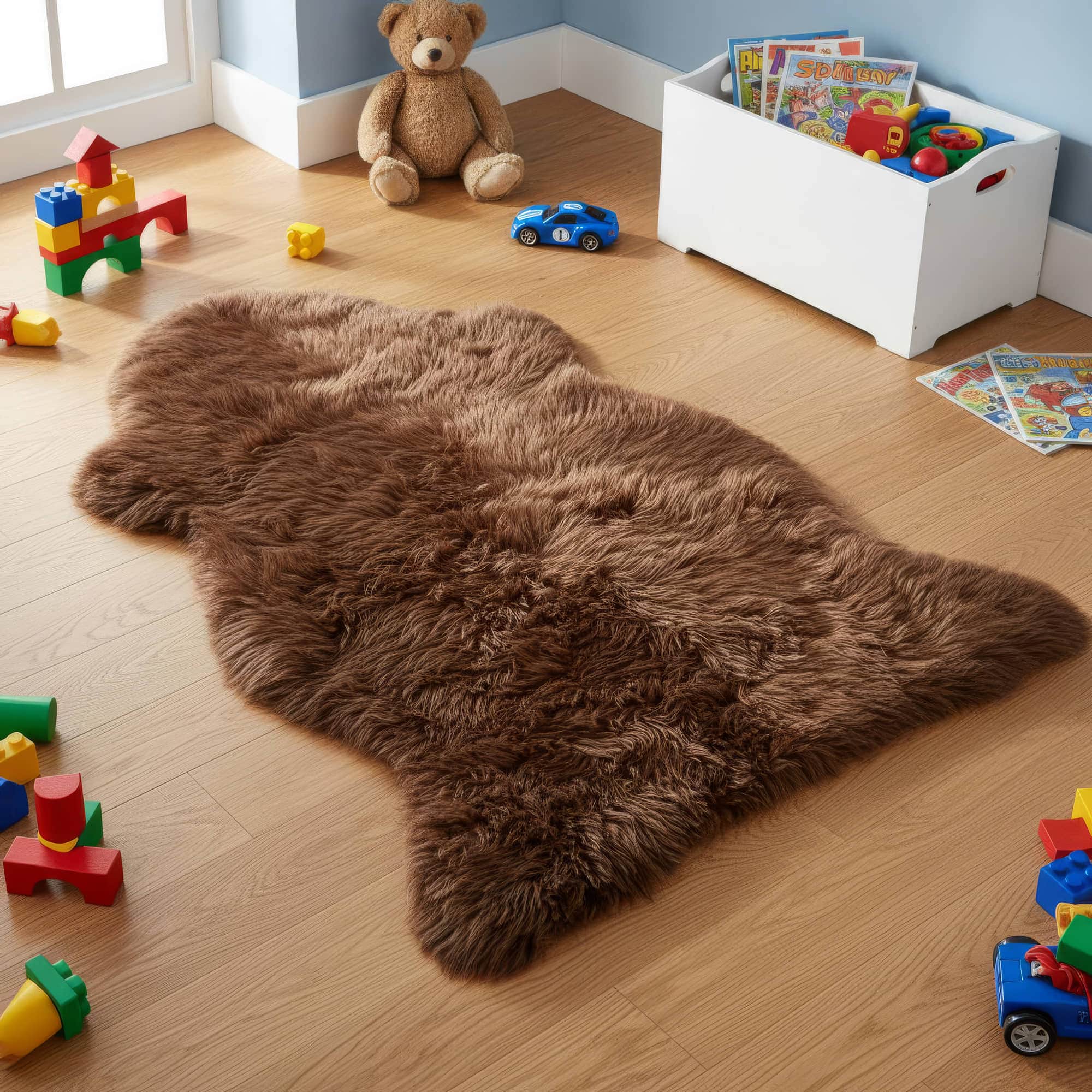 Brown fluffy rug on a wooden floor with toys around #size_2' x 3'