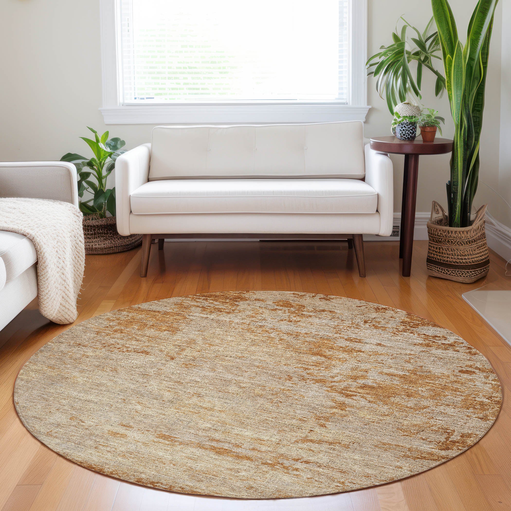 Luxury Washable Indoor/Outdoor Transitional BU2 Copper Orange Rug 8' x 8' #shape_Round
