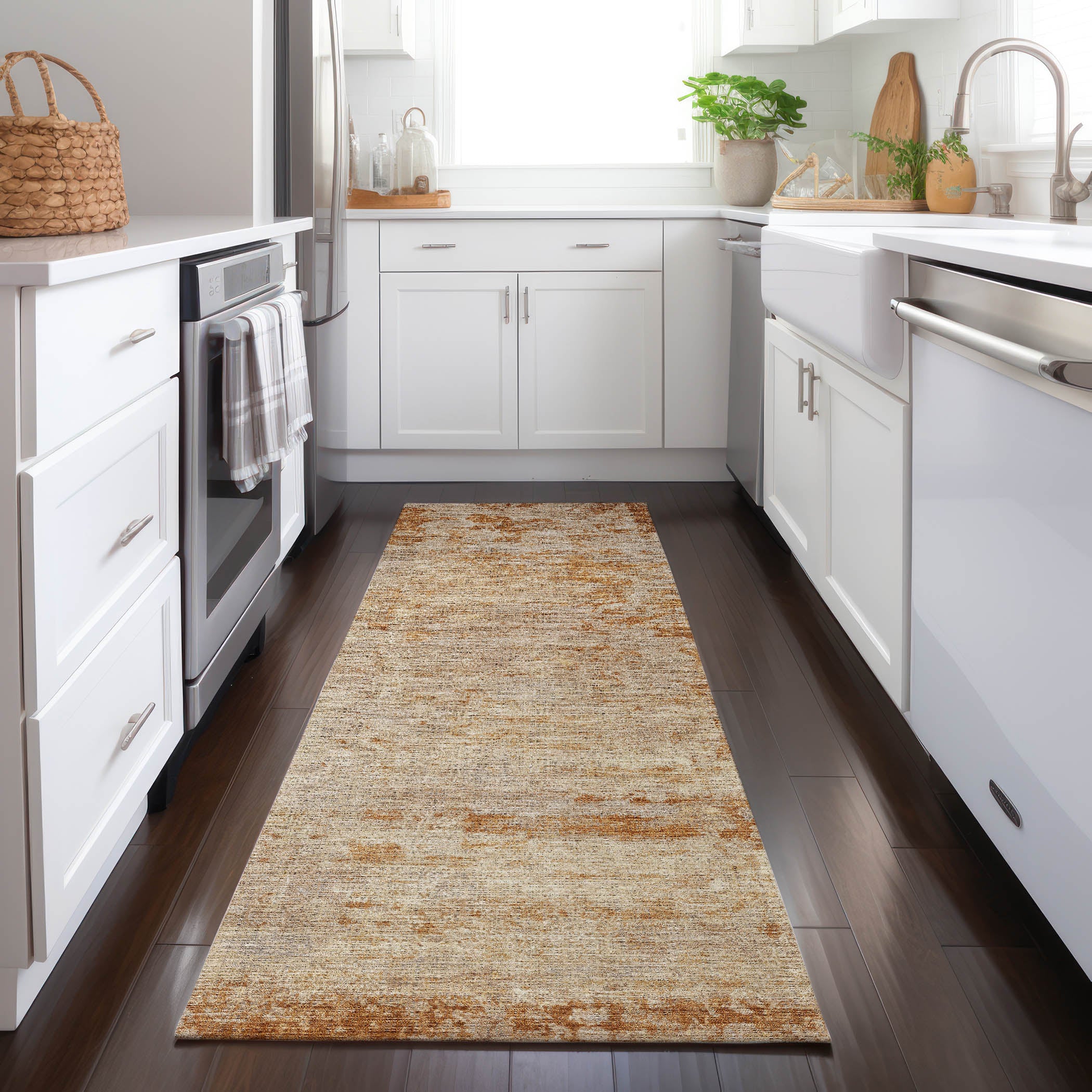 Luxury Washable Indoor/Outdoor Transitional BU2 Copper Orange Rug 2'3" x 7'6" #shape_Runner