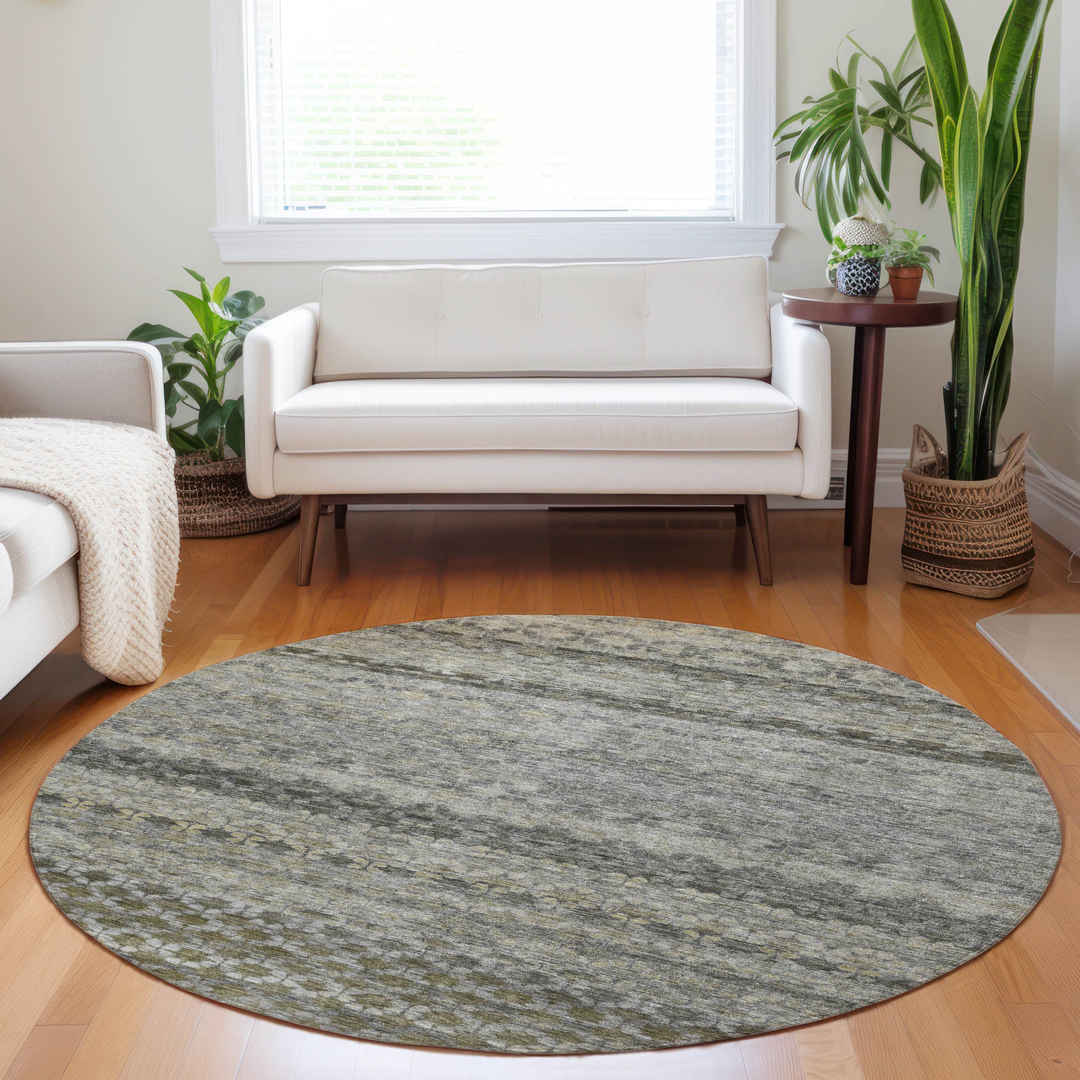 Luxury Washable Indoor/Outdoor Transitional BU6 Pewter Gray Rug 8' x 8' #shape_Round
