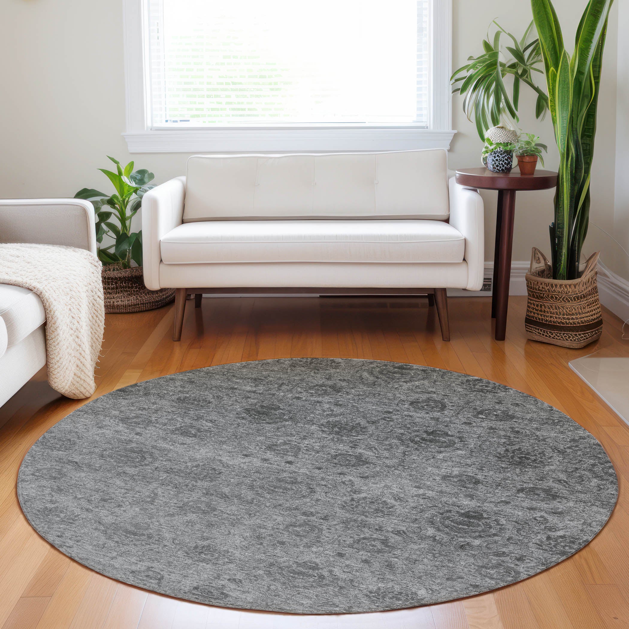 Luxury Washable Indoor/Outdoor Transitional BU8 Gray Rug 8' x 8' #shape_Round