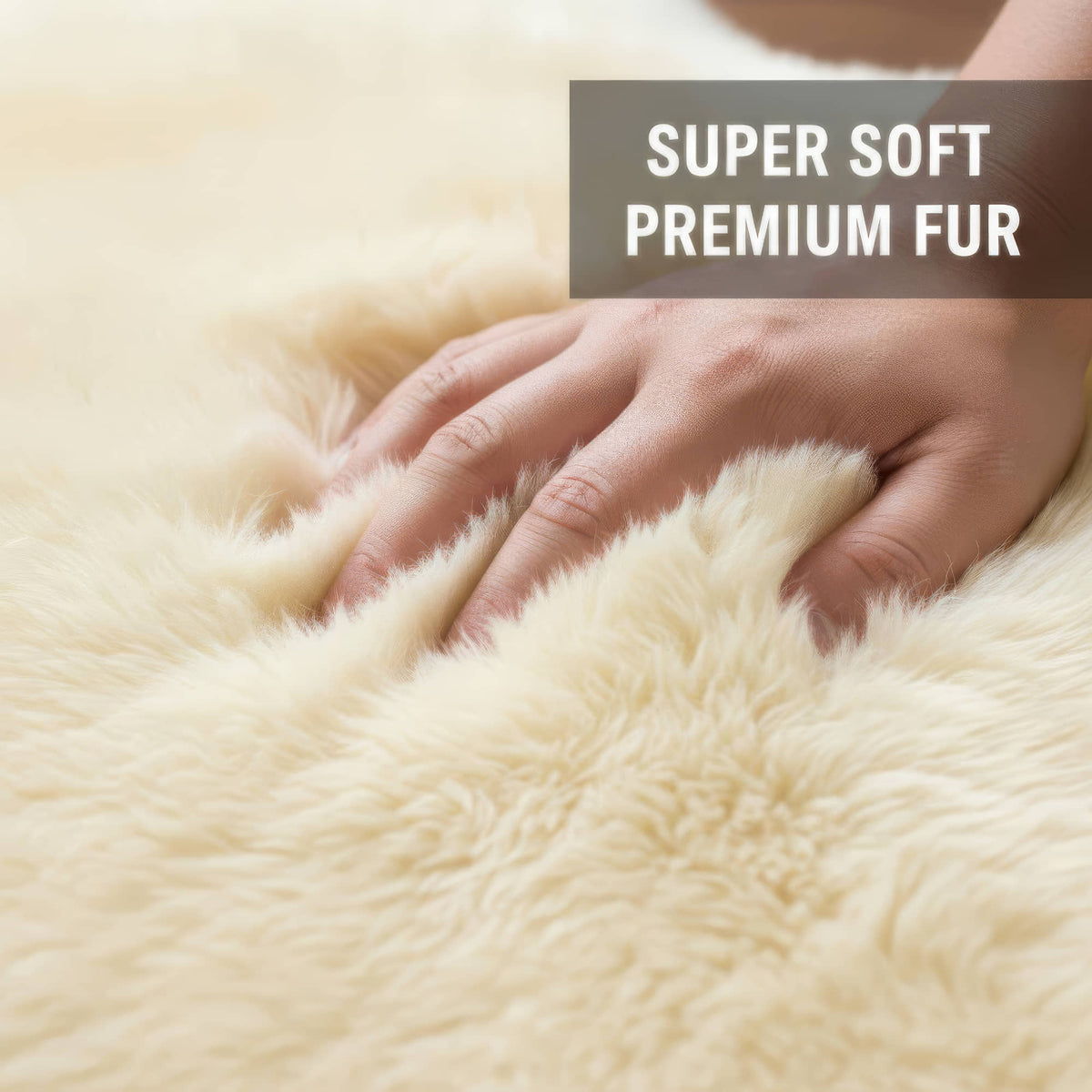 Close-up of a hand pressing into the super soft premium sheepskin wool pile