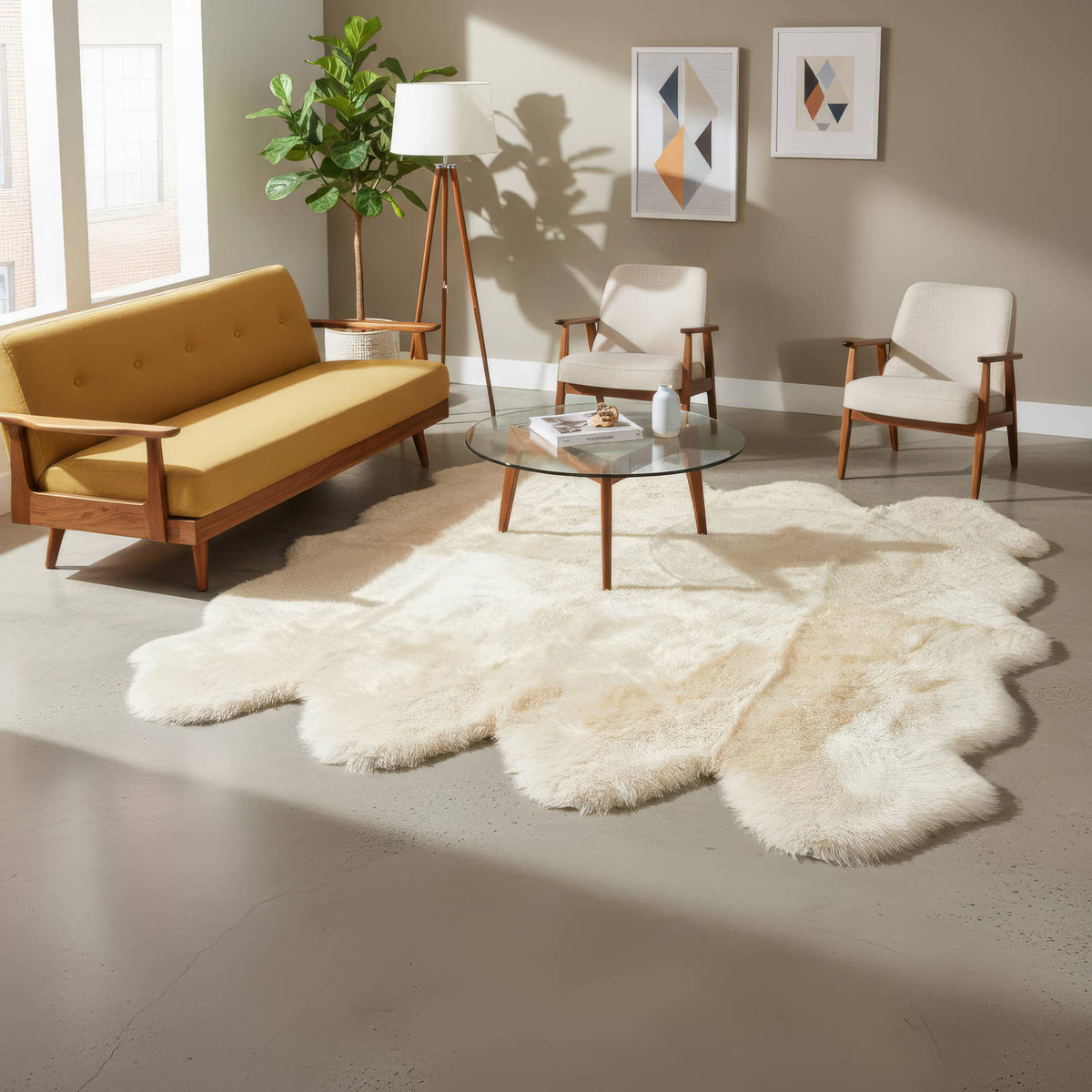 Champagne cream sheepskin rug in a mid-century living room with mustard sofa and glass coffee table #size_Octo (8-Pelt) 6×7 ft