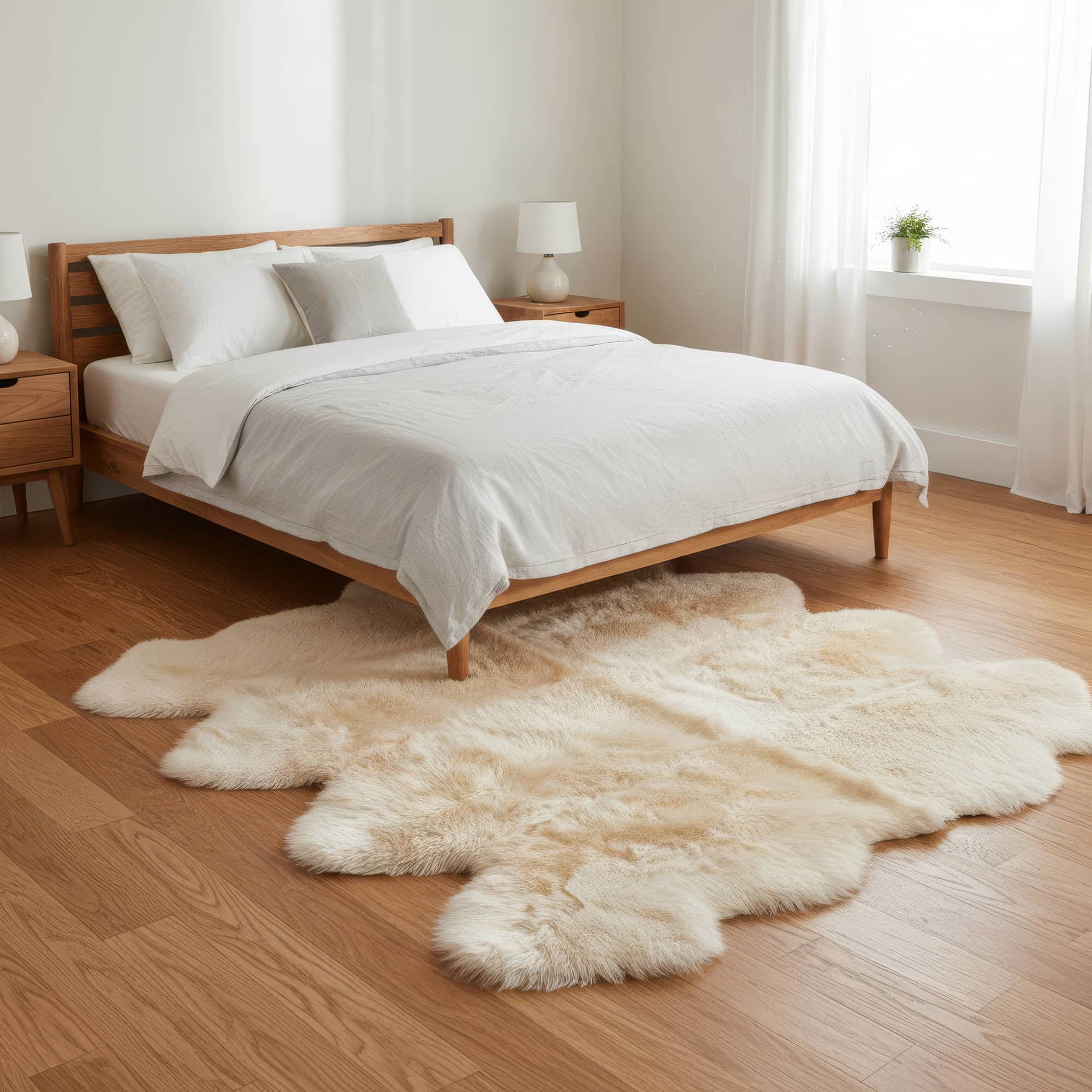 Champagne cream sheepskin rug at the foot of a wooden platform bed on hardwood floor #size_Octo (8-Pelt) 6×7 ft