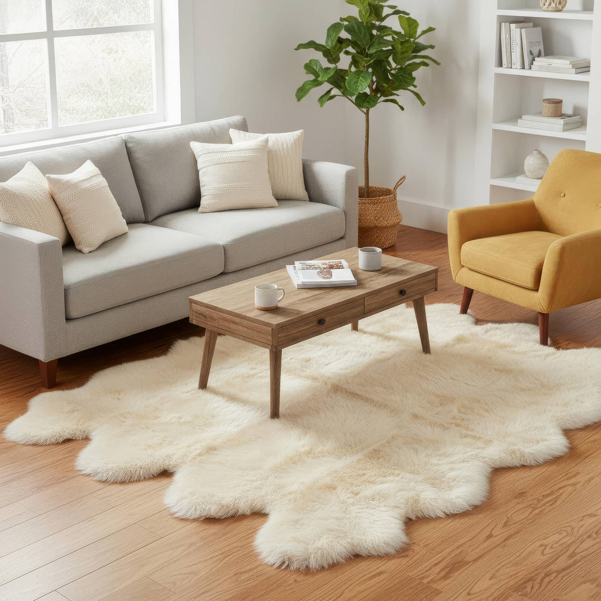Champagne cream sheepskin rug under a coffee table with grey sofa and mustard armchair #size_Octo (8-Pelt) 6×7 ft