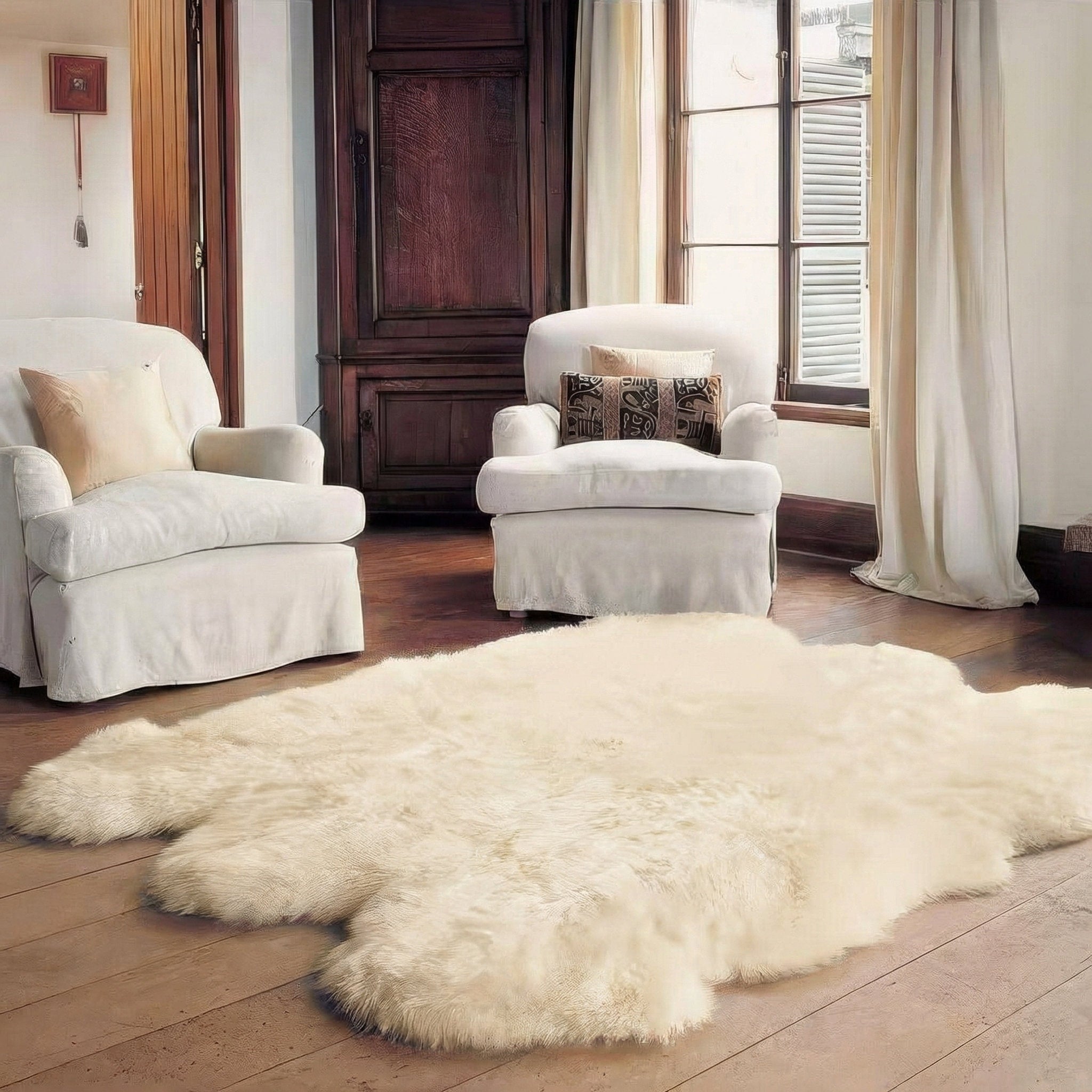 Champagne cream sheepskin rug on hardwood between two white slipcovered armchairs #size_Sexto (6-Pelt) 5×6 ft