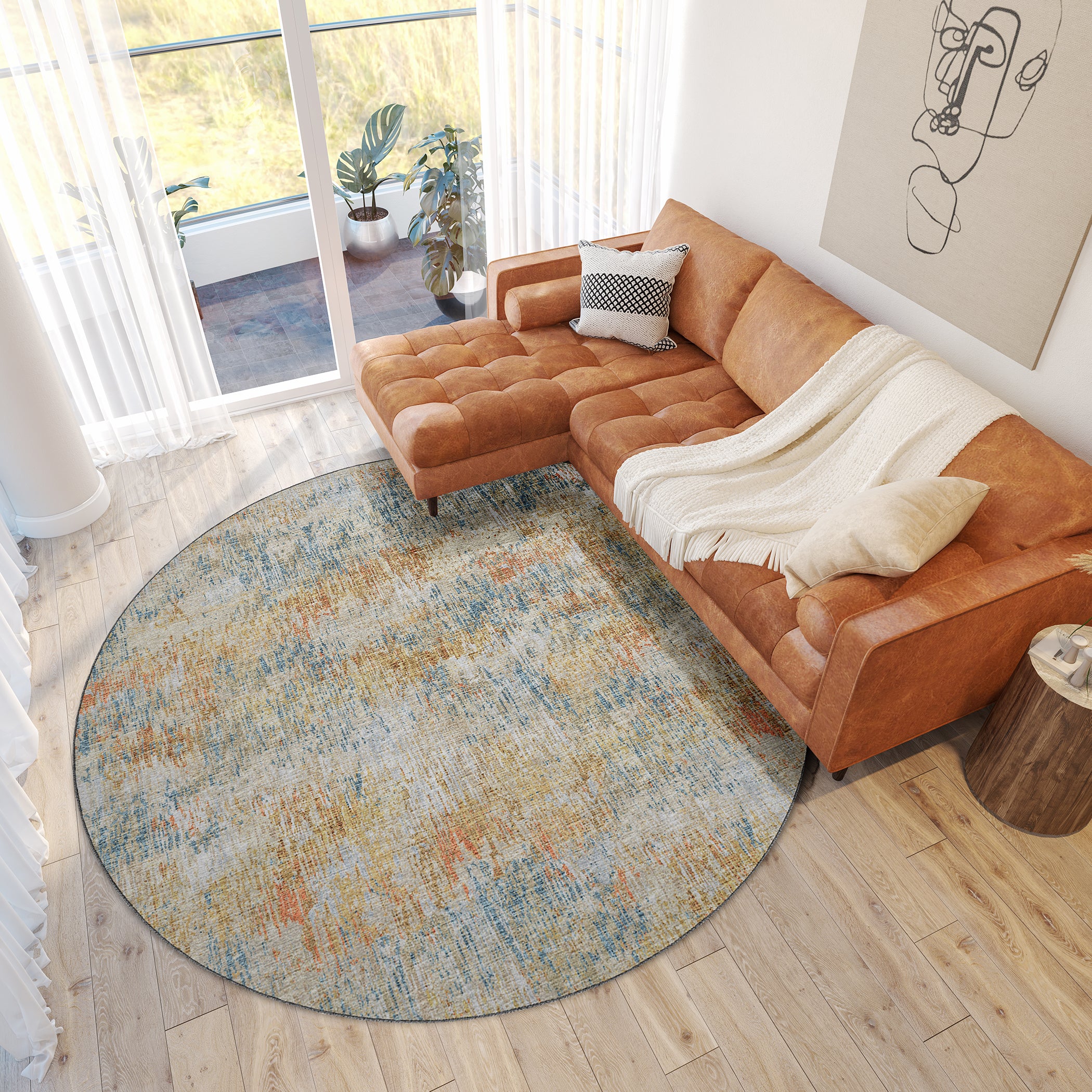 Luxury Machine Washable Indoor/Outdoor Transitional CM1 Sunset Multi Rug 8' x 8' #shape_Round